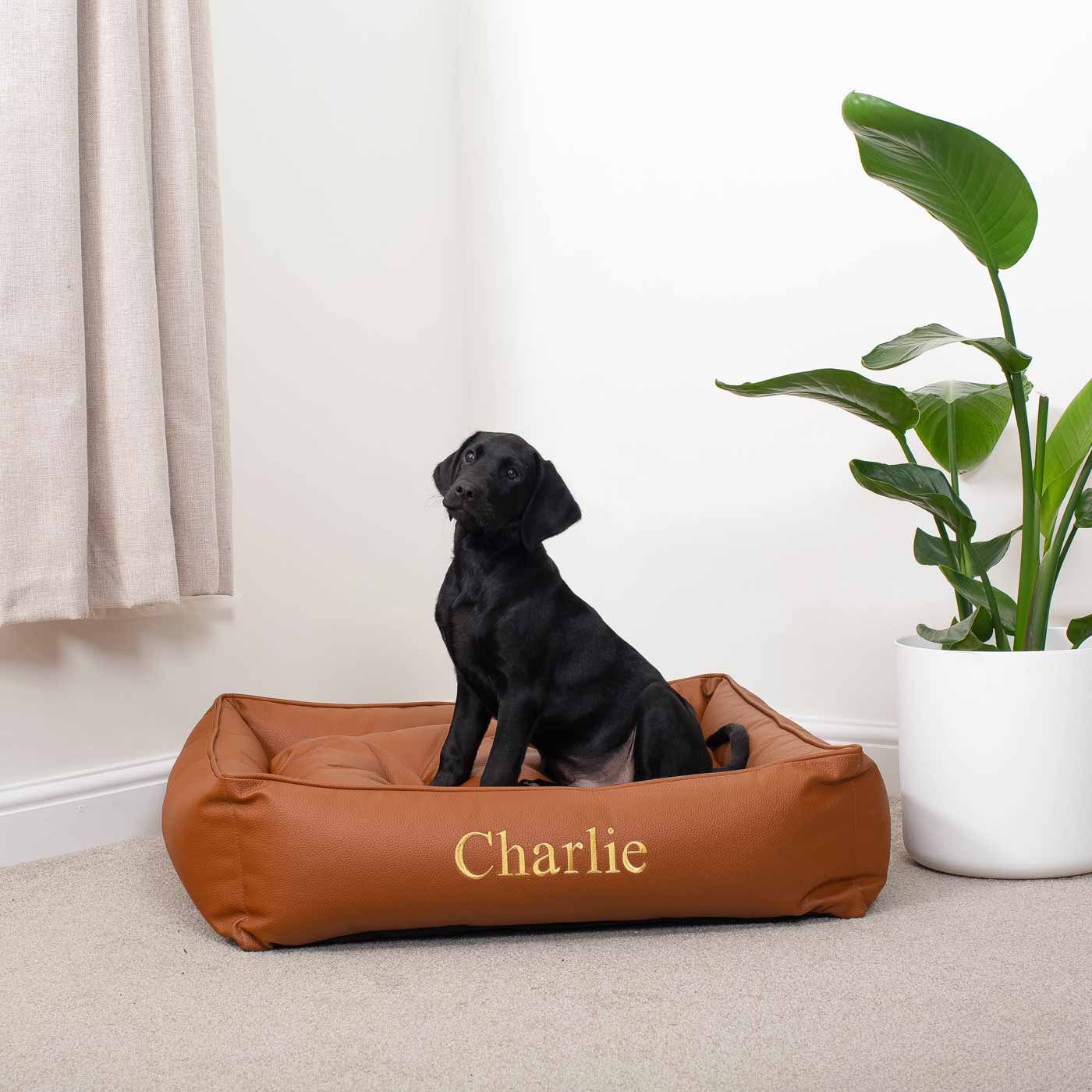Luxury Handmade Box Bed in Rhino Tough Desert Faux Leather, in Ember, Perfect For Your Pets Nap Time! Available To Personalize at Lords & Labradors US
