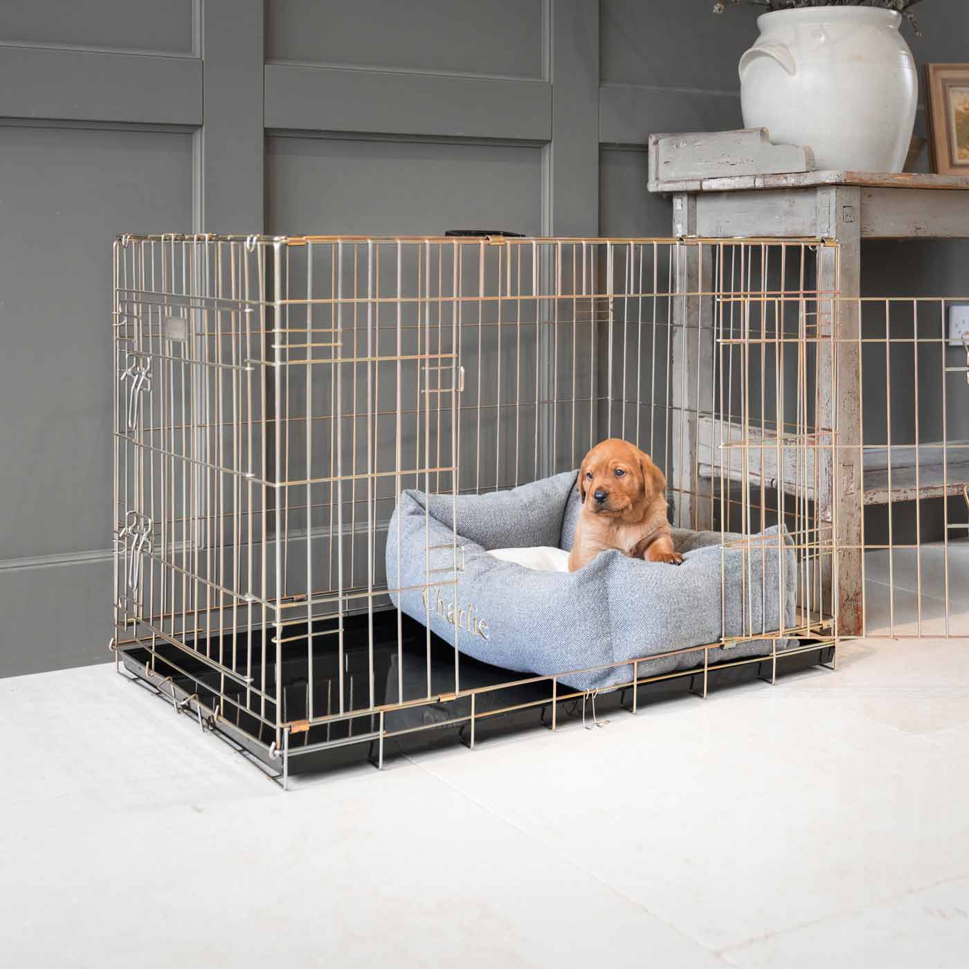 Dog Cage with Cozy & Calming Puppy Cage Bed in Pewter Herringbone by Lords & Labradors