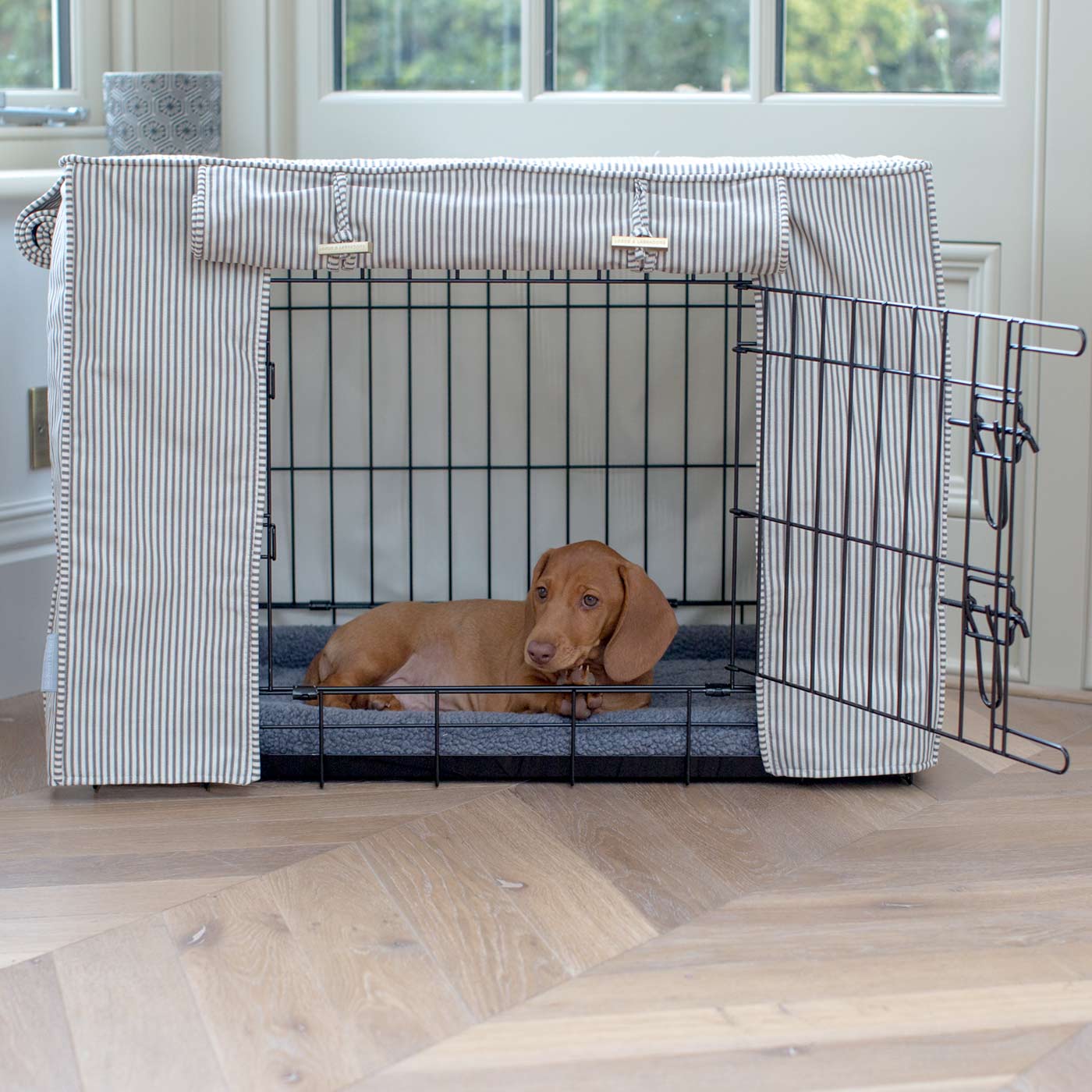 Luxury Dog Cage Cover, Regency Stripe Cage Cover The Perfect Dog Cage Accessory, Available To Personalize Now at Lords & Labradors US