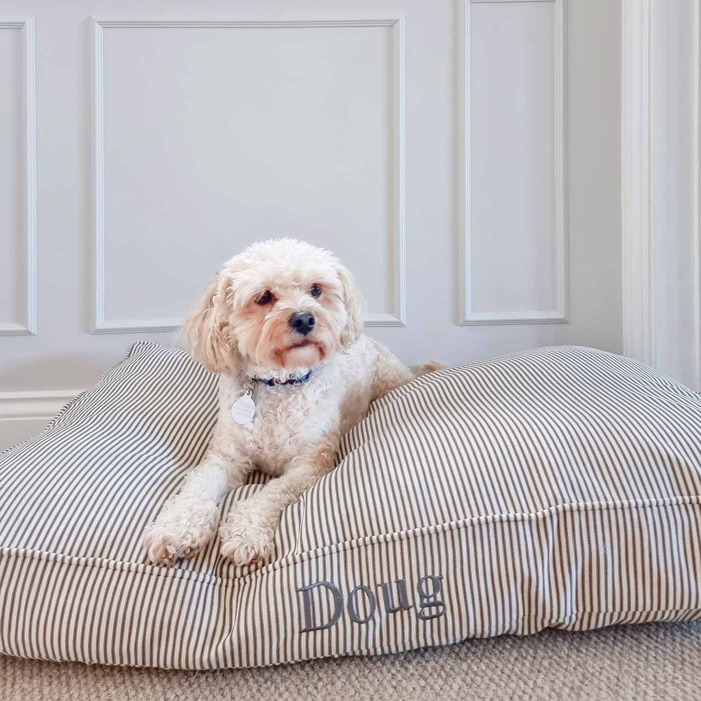 Luxury Dog Cushion, in Regency Stripe. The Perfect Dog Cage For The Ultimate Naptime, Available Now at Lords & Labradors US