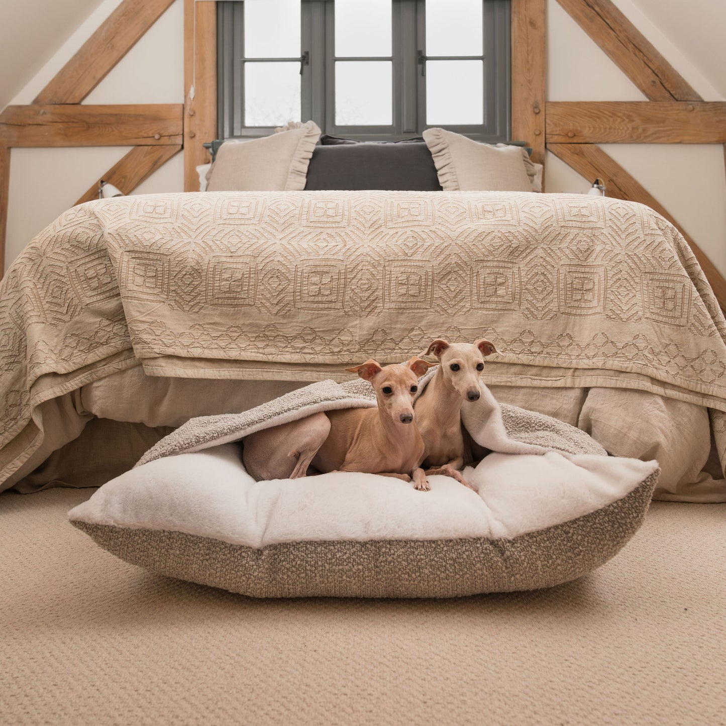 Luxury Mink Boucle Sleepy Burrows, The Perfect bed For a Pet to Burrow. Available To Personalize In Stunning Mink Bouclé Here at Lords & Labradors US