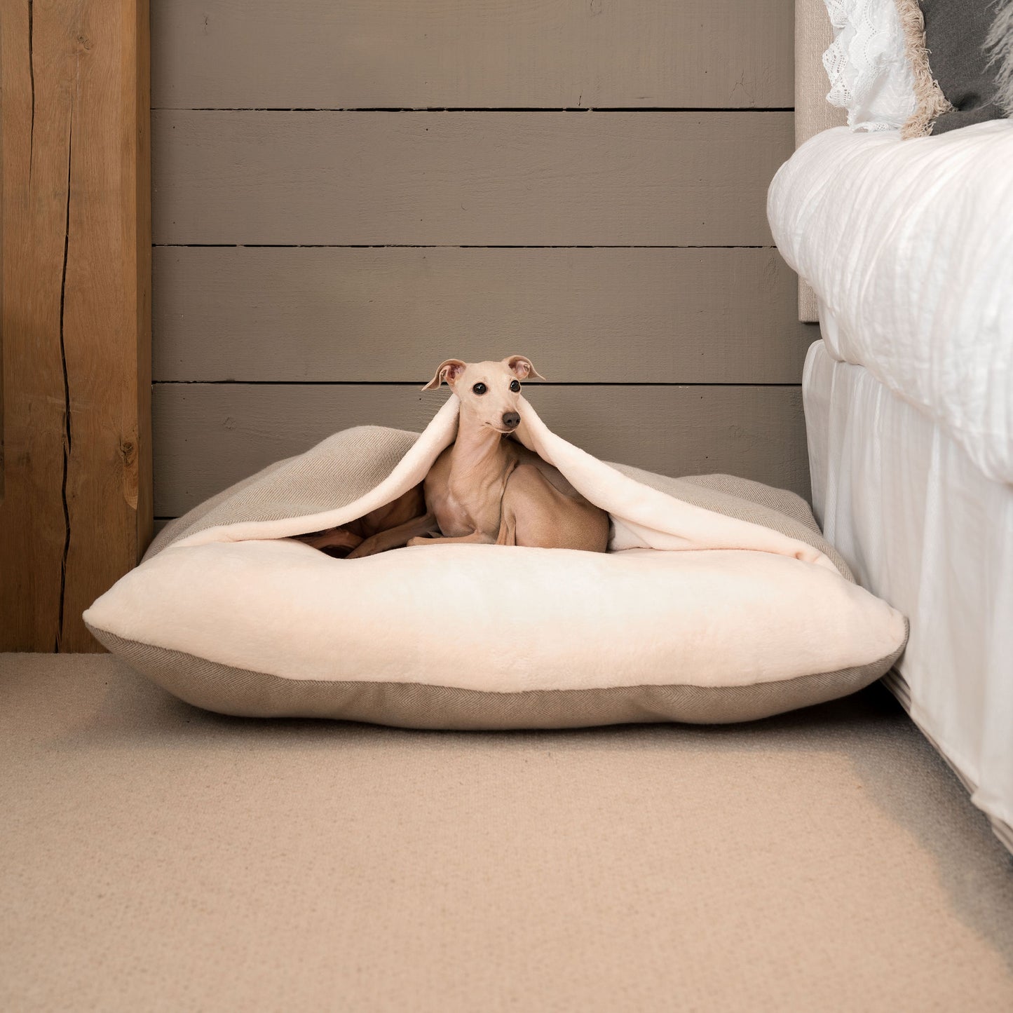 Discover The Perfect Burrow For Your Pet, Our Stunning Sleepy Burrow Dog Beds In Natural Herringbone Is The Perfect Bed Choice For Your Pet, Available Now at Lords & Labradors US