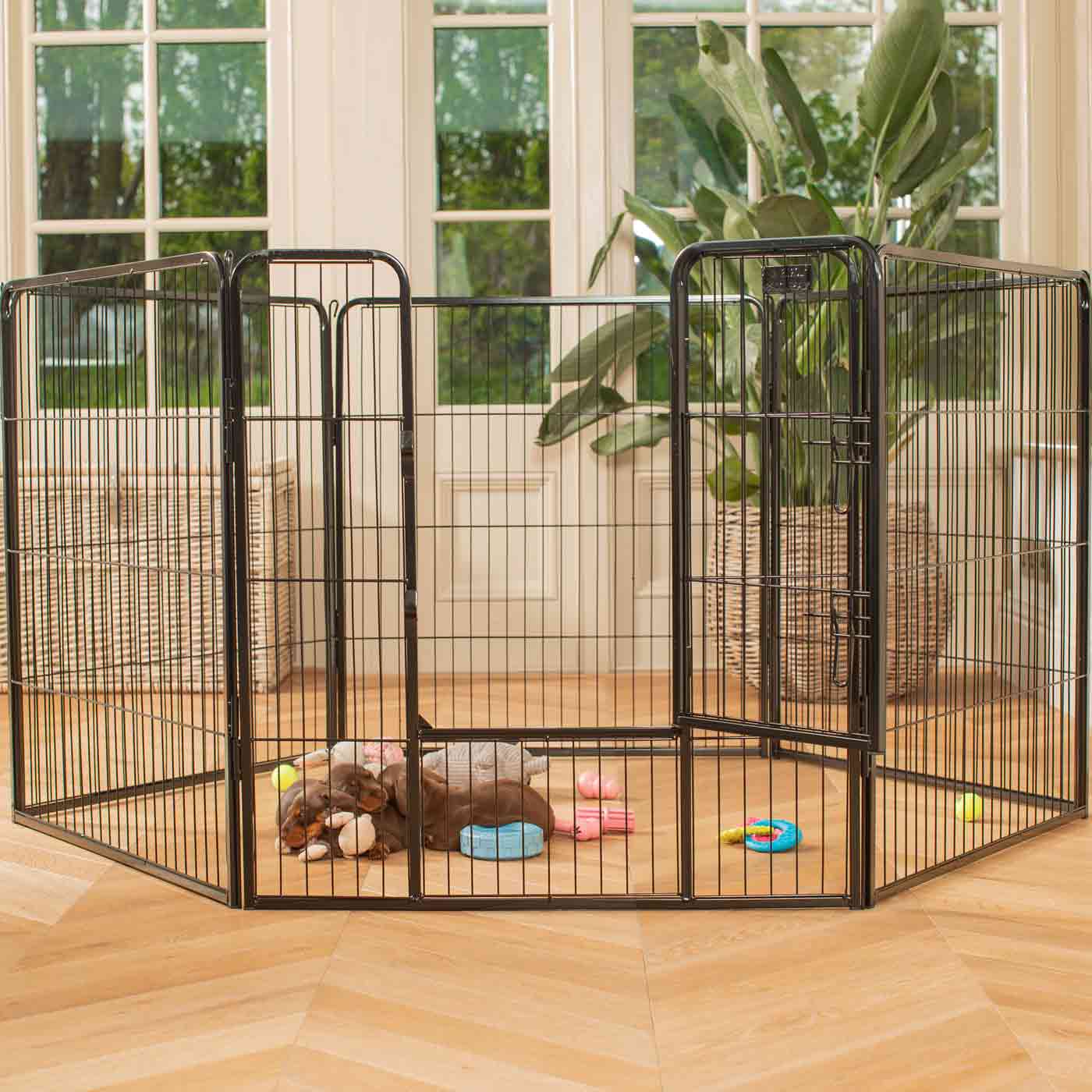 Ensure The Ultimate Puppy Safety with Our Heavy Duty 80cm High Black Metal Play Pen, Crafted to Take Your Pet Right Through Maturity! Powder Coated to Be Extra Hardwearing! 6 panels that are 80cm high and attachments to connect to any Cage. The modular system allows you to change the puppy pen shape with multiple layouts! Available To Now at Lords & Labradors US