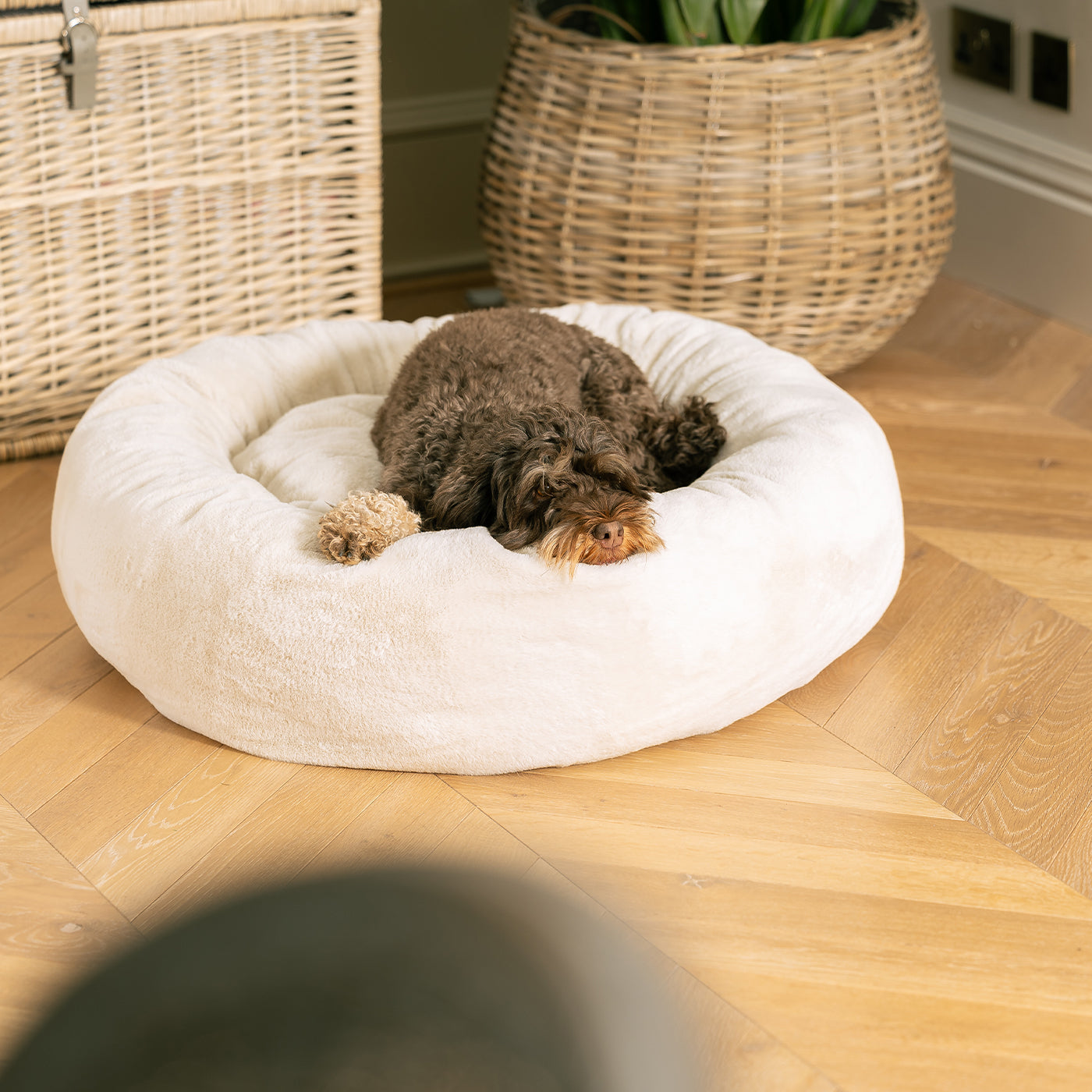 Luxury Anti-Anxiety Donut Dog Bed, In Stunning Cream Faux Fur, Perfect For Your Pets Nap Time! Available Now at Lords & Labradors US