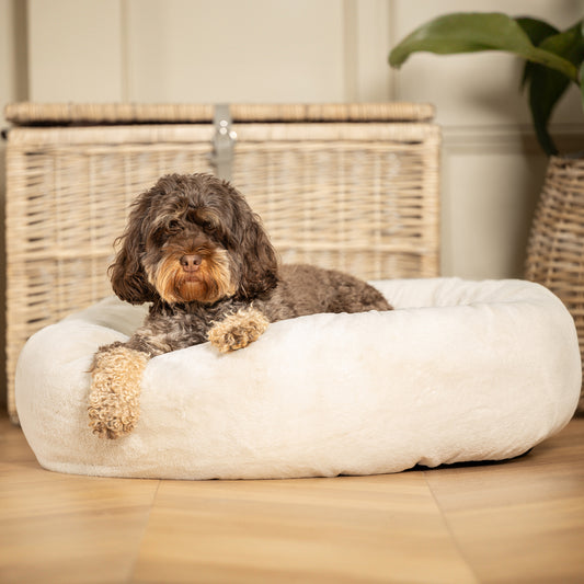 Luxury Anti-Anxiety Donut Dog Bed, In Stunning Cream Faux Fur, Perfect For Your Pets Nap Time! Available Now at Lords & Labradors US