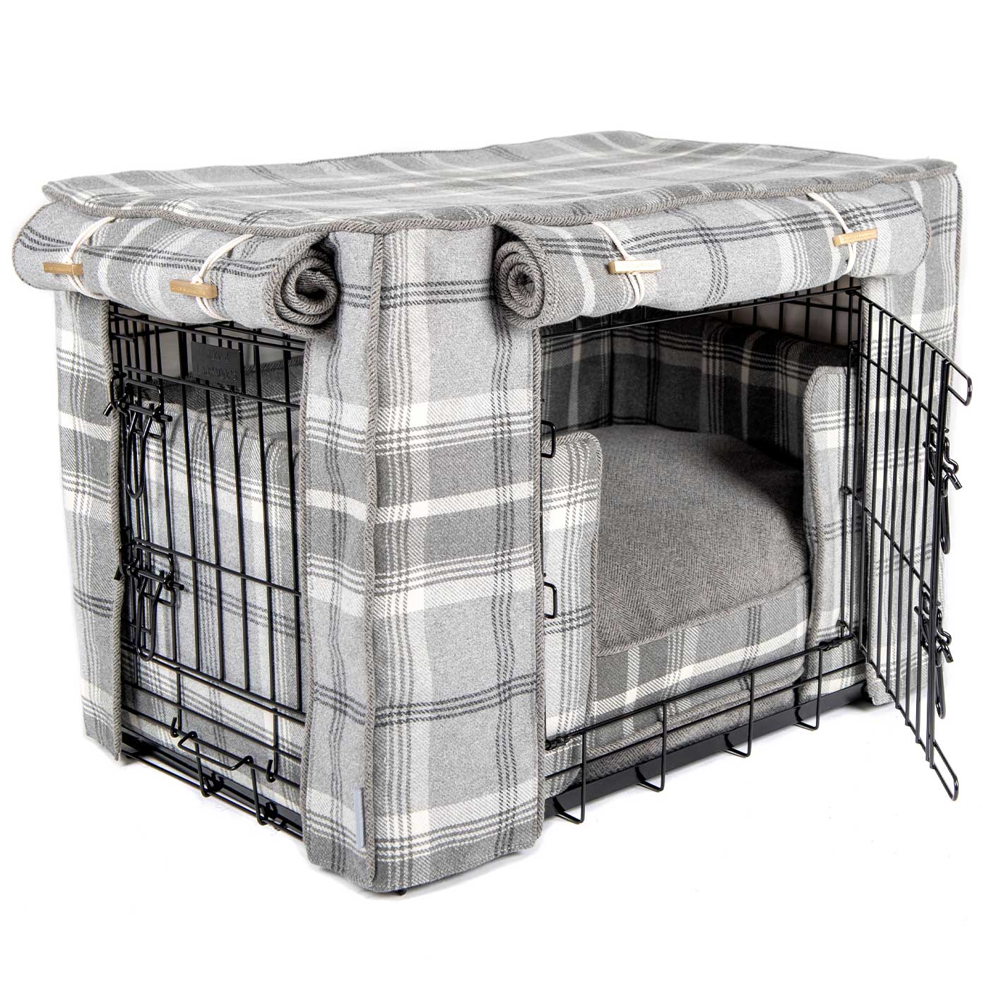Luxury Heavy Duty Dog Cage, In Stunning Balmoral Dove Grey Tweed Cage Set, The Perfect Dog Cage Set For Building The Ultimate Pet Den! Dog Cage Cover Available To Personalize at Lords & Labradors US
