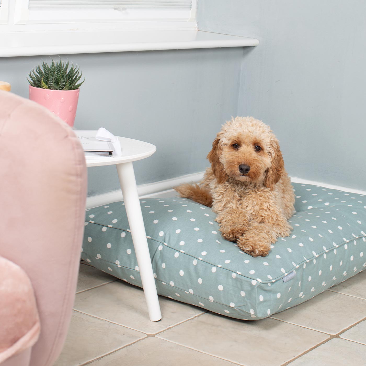 Luxury Dog Cage Cushion, Duck Egg Spot Cage Cushion The Perfect Dog Cage Accessory, Now Available To Personalize at Lords & Labradors US