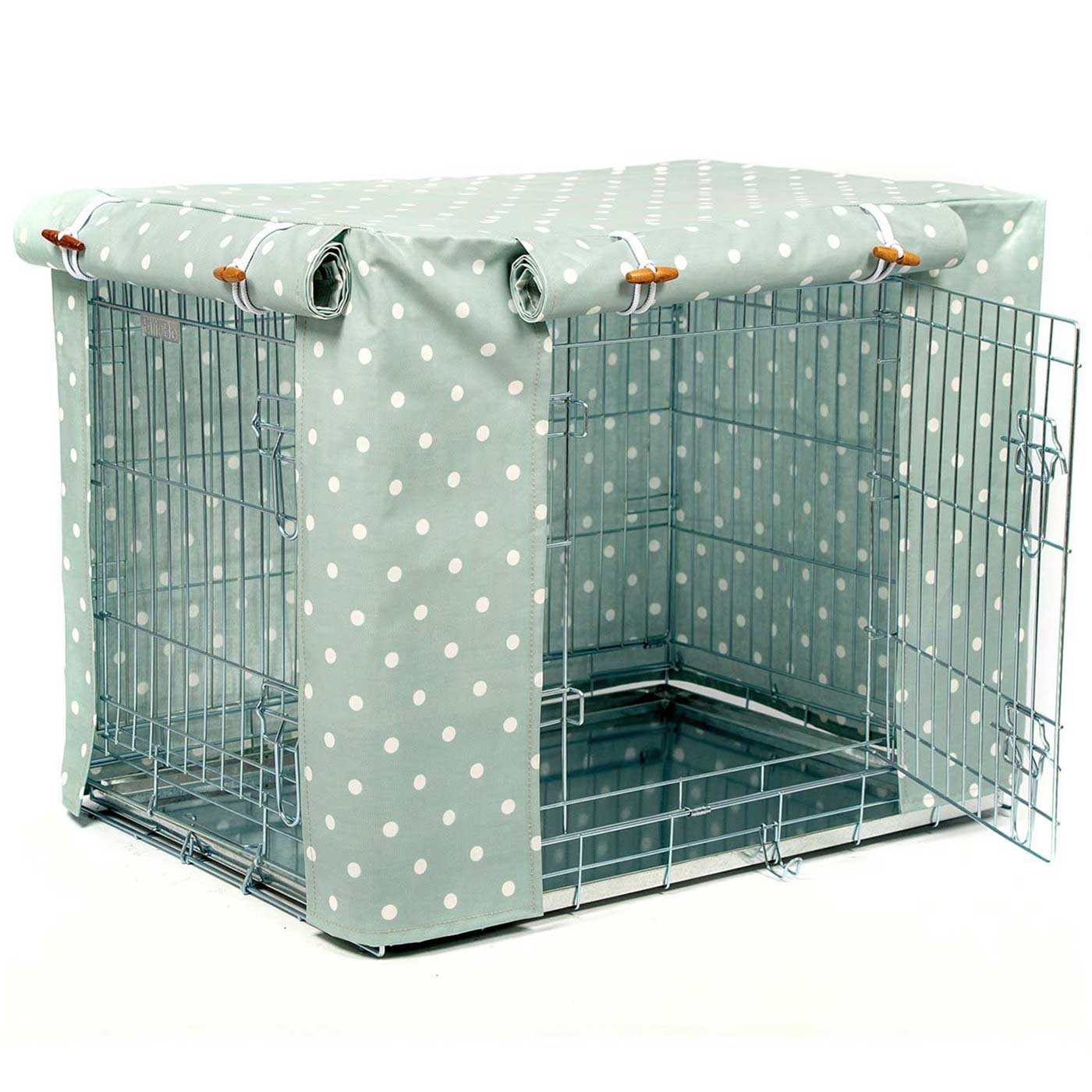 Luxury Dog Cage Cover, Duck Egg Spot Oil Cloth Cage Cover. The Perfect Dog Cage Accessory, Available To Personalize Now at Lords & Labradors US