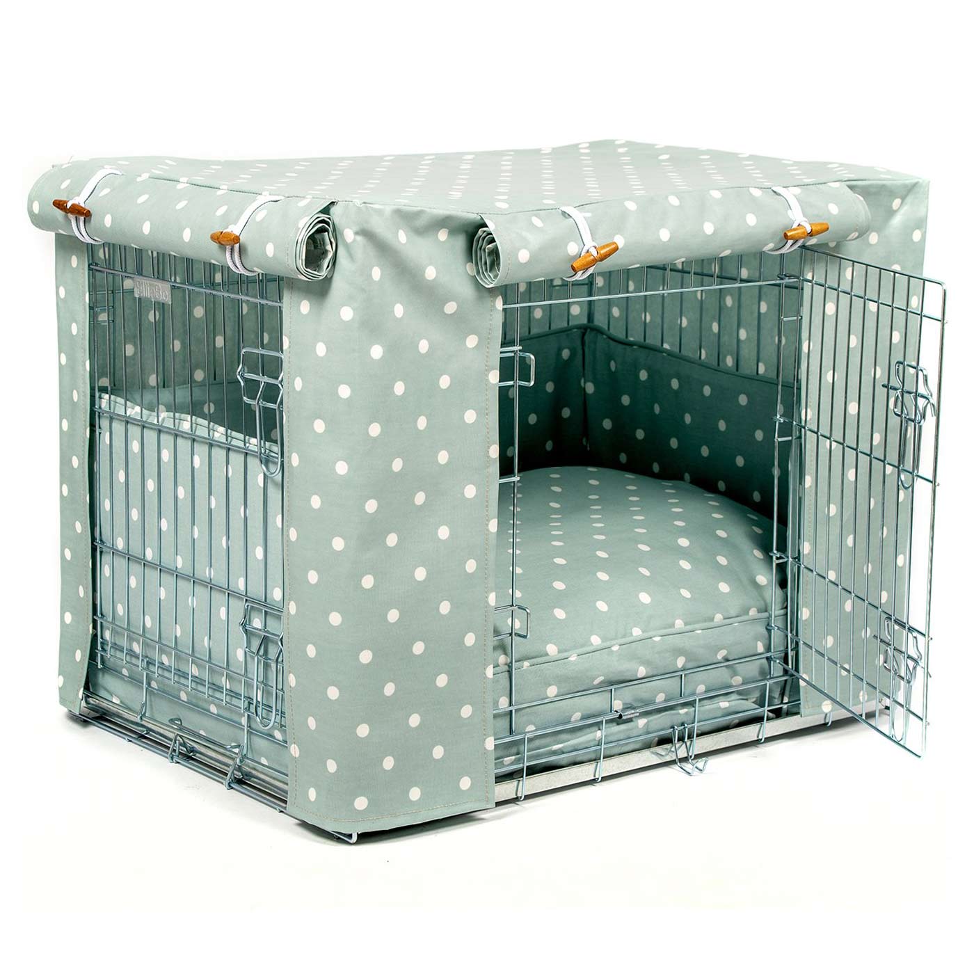 Luxury Heavy Duty Dog Cage, In Stunning Duck Egg Spot Oil Cloth Cage Set, The Perfect Dog Cage Set For Building The Ultimate Pet Den! Dog Cage Cover Available To Personalize at Lords & Labradors US