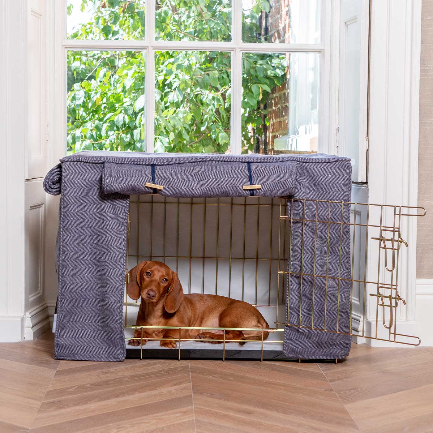 Dog Cage with Cage Cover in Oxford Herringbone by Lords & Labradors