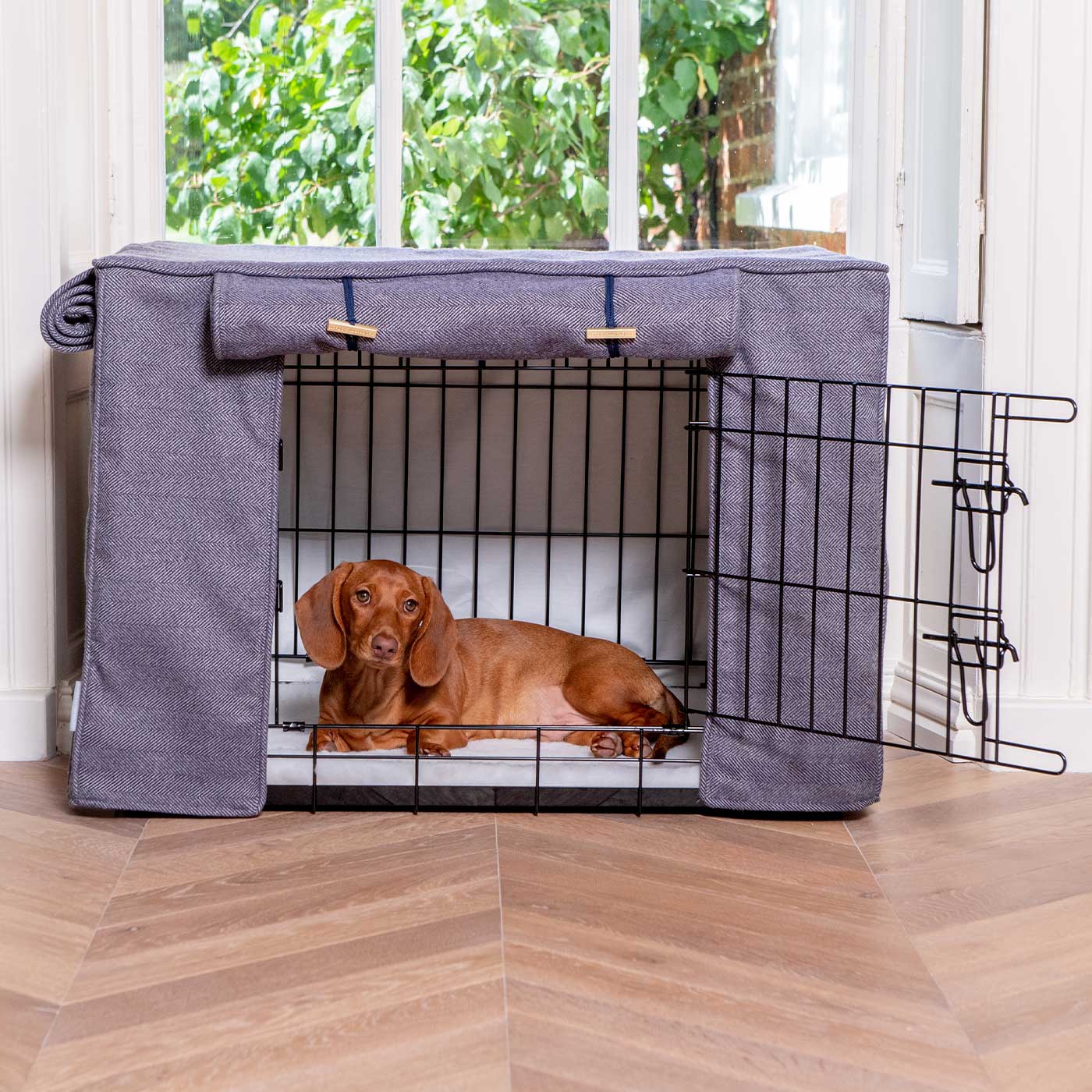 Dog Cage with Cage Cover in Oxford Herringbone by Lords & Labradors