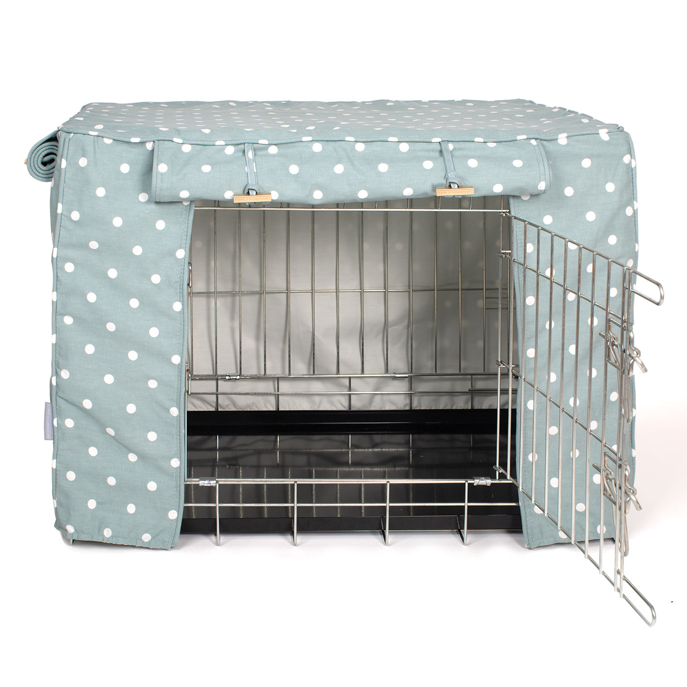 Luxury Silver Dog Cage With Cage Cover, in Duck Egg Spot. The Perfect Dog Crate For The Ultimate Naptime, Available Now to Personalize at Lords & Labradors US