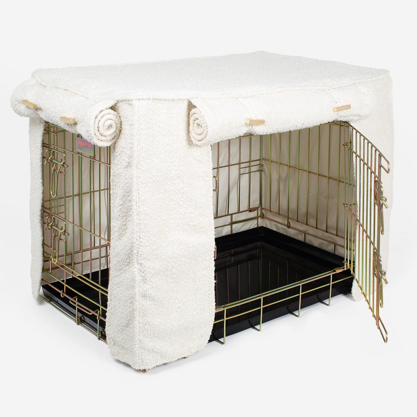 Discover Our Gold Heavy-Duty Dog Cage With Ivory Bouclé Cage Cover! The Perfect Cage Accessory For The Ultimate Pet Den. Available To Personalize Here at Lords & Labradors US