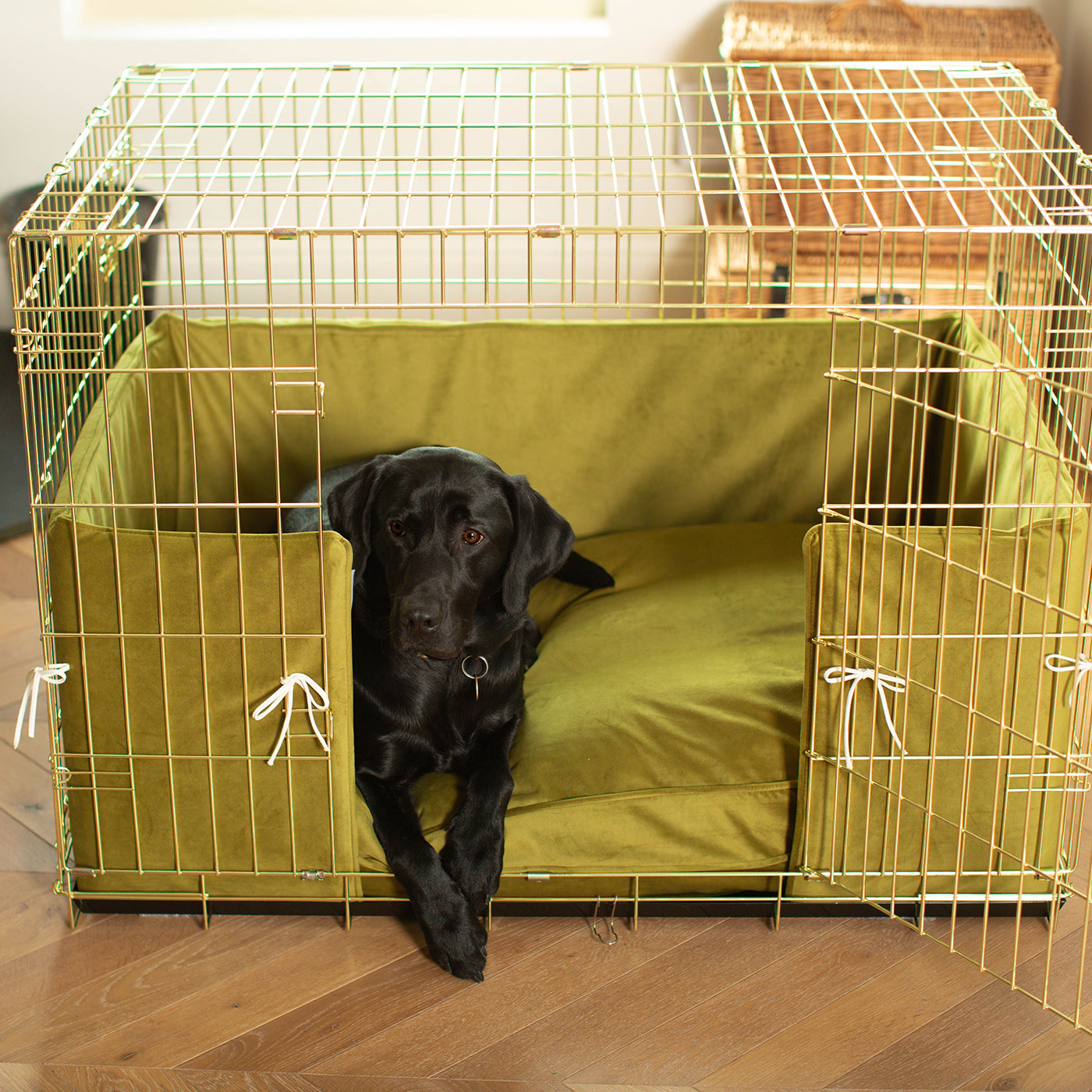 Dog Cage with Cushion & Bumper in Olive Velvet by Lords & Labradors