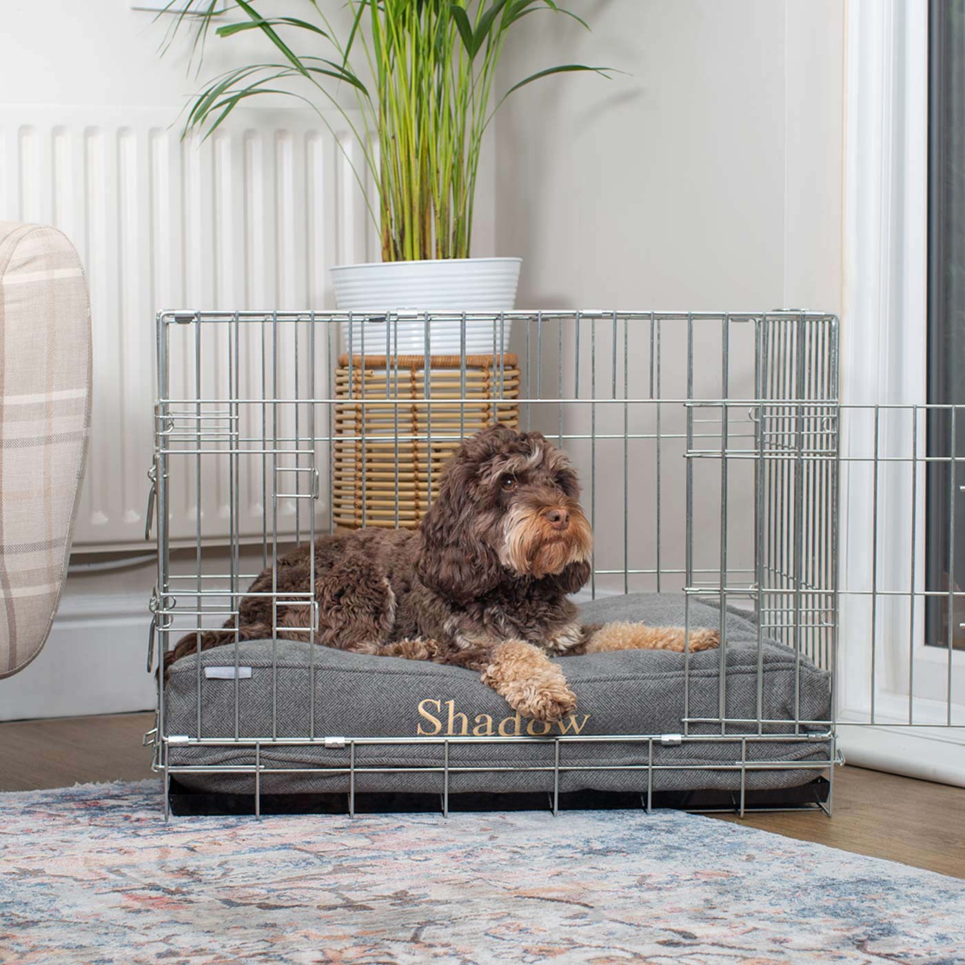Luxury Dog Cage Cushion, Pewter Herringbone Tweed Cage Cushion The Perfect Dog Cage Accessory, Available To Personalize Now at Lords & Labradors US