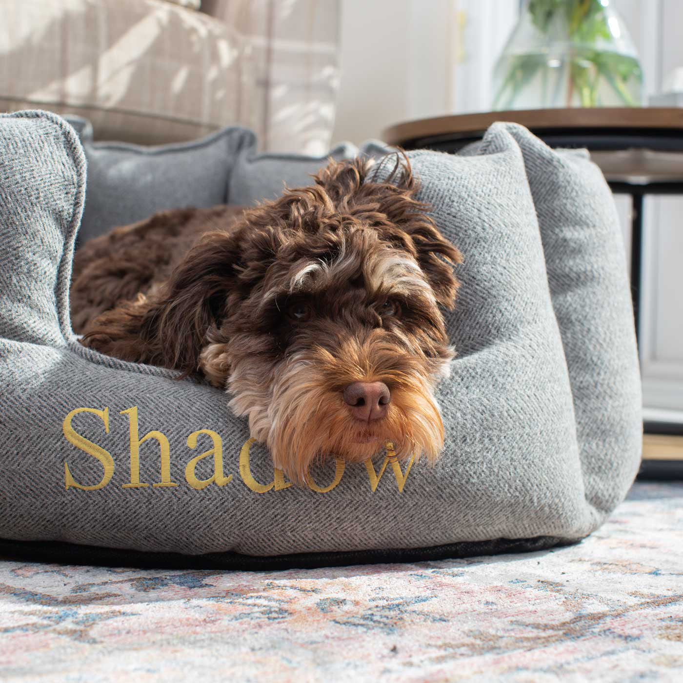 Discover Our Luxurious High Wall Bed For Dogs, Featuring inner pillow with plush teddy fleece on one side To Craft The Perfect Dogs Bed In Stunning Pewter Herringbone Tweed! Available To Personalize Now at Lords & Labradors US