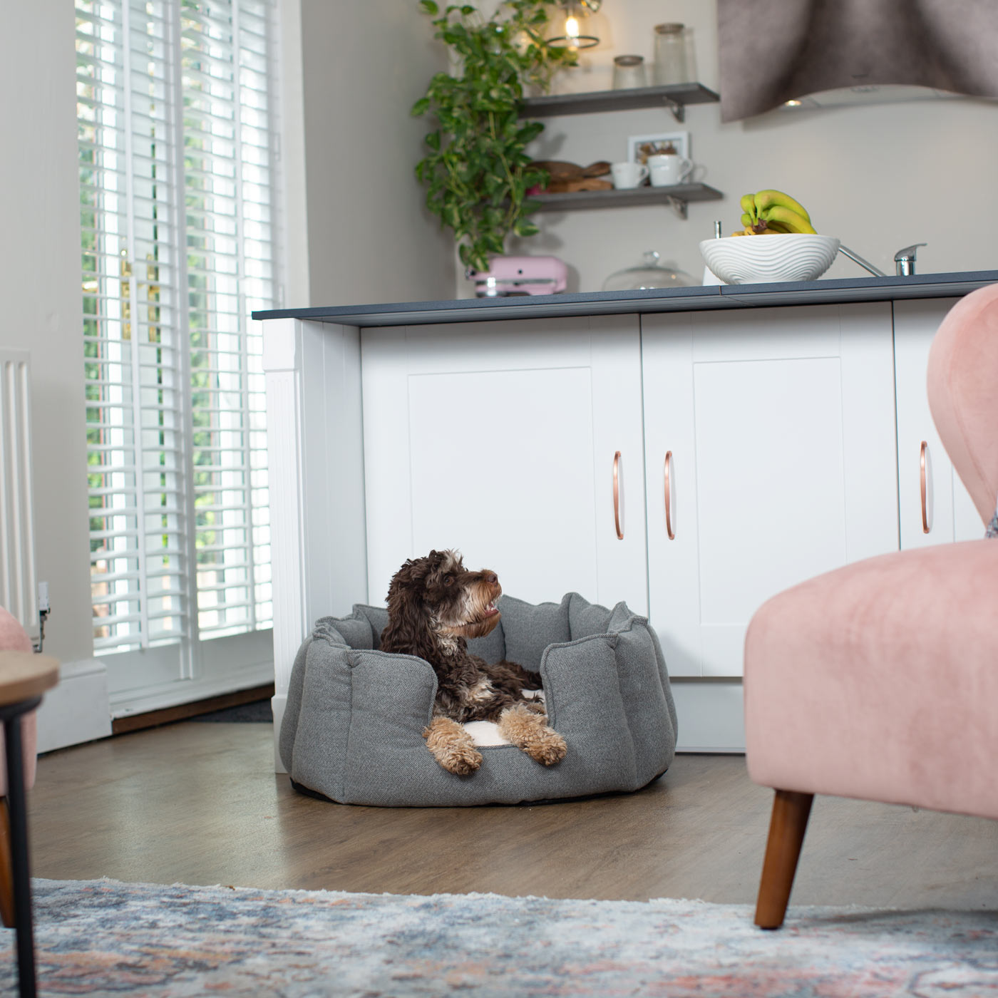 Discover Our Luxurious High Wall Bed For Dogs, Featuring inner pillow with plush teddy fleece on one side To Craft The Perfect Dogs Bed In Stunning Pewter Herringbone Tweed! Available To Personalize Now at Lords & Labradors US