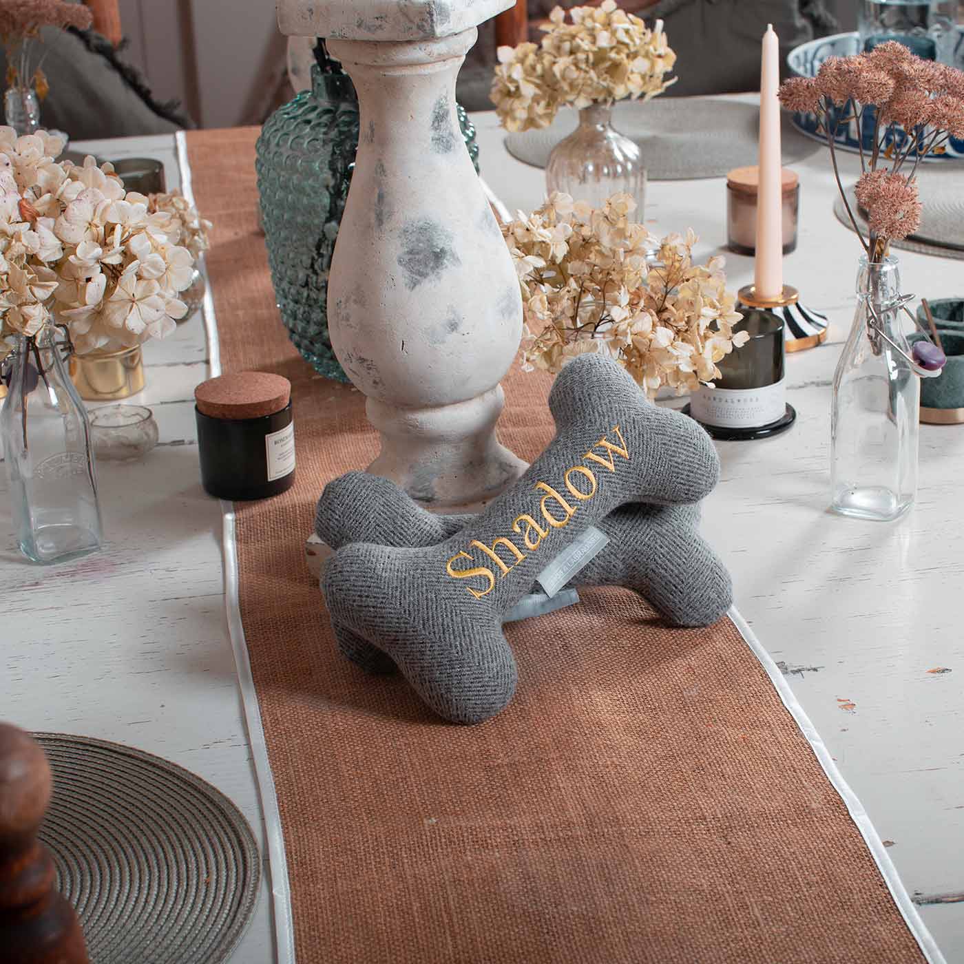 Present The Perfect Pet Playtime With Our Luxury Dog Bone Toy, In Stunning Pewter Herringbone Tweed! Available To Personalize Now at Lords & Labradors US