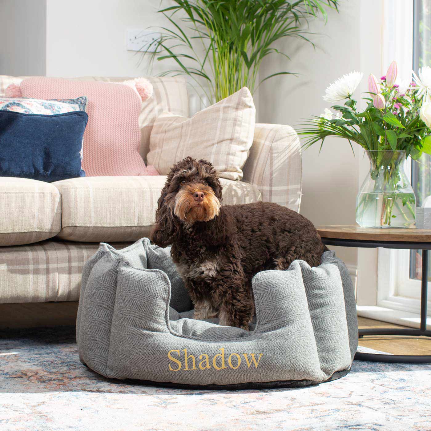 Discover Our Luxurious High Wall Bed For Dogs, Featuring inner pillow with plush teddy fleece on one side To Craft The Perfect Dogs Bed In Stunning Pewter Herringbone Tweed! Available To Personalize Now at Lords & Labradors US