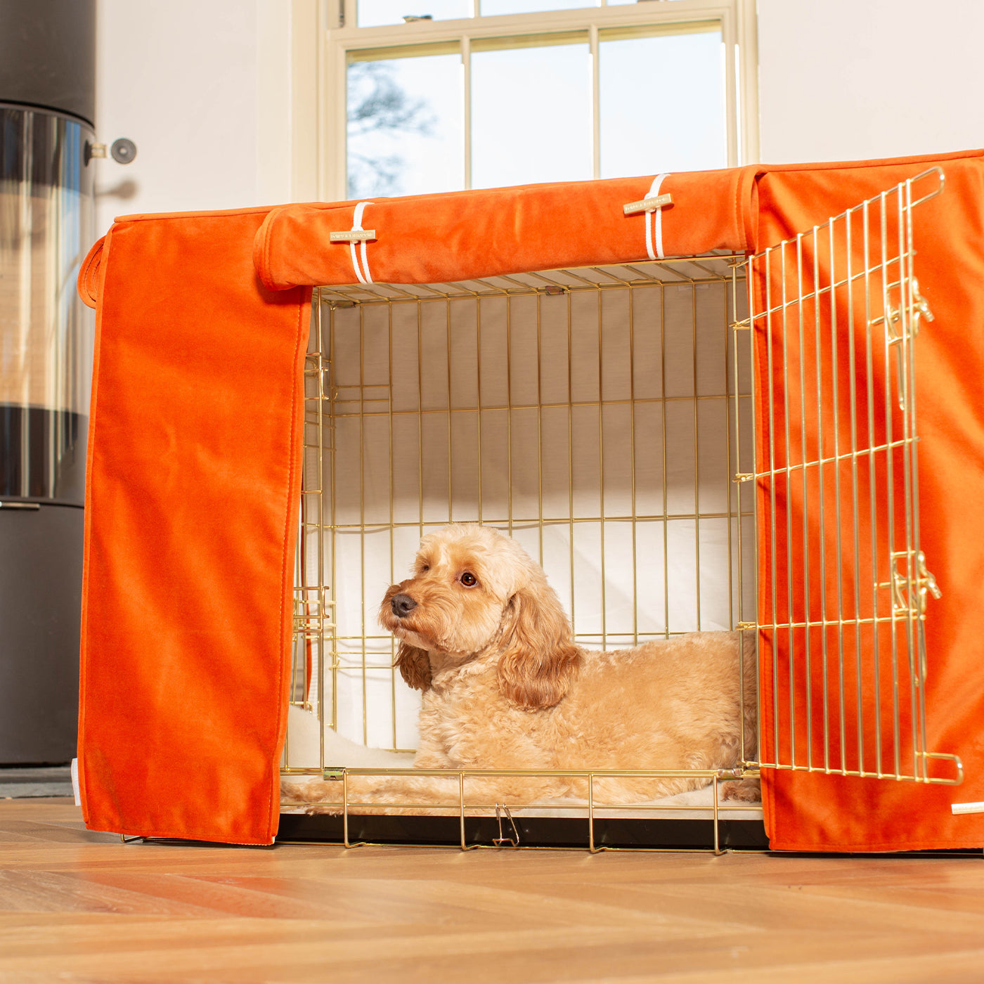 Dog Cage with Cage Cover in Pumpkin Velvet by Lords & Labradors