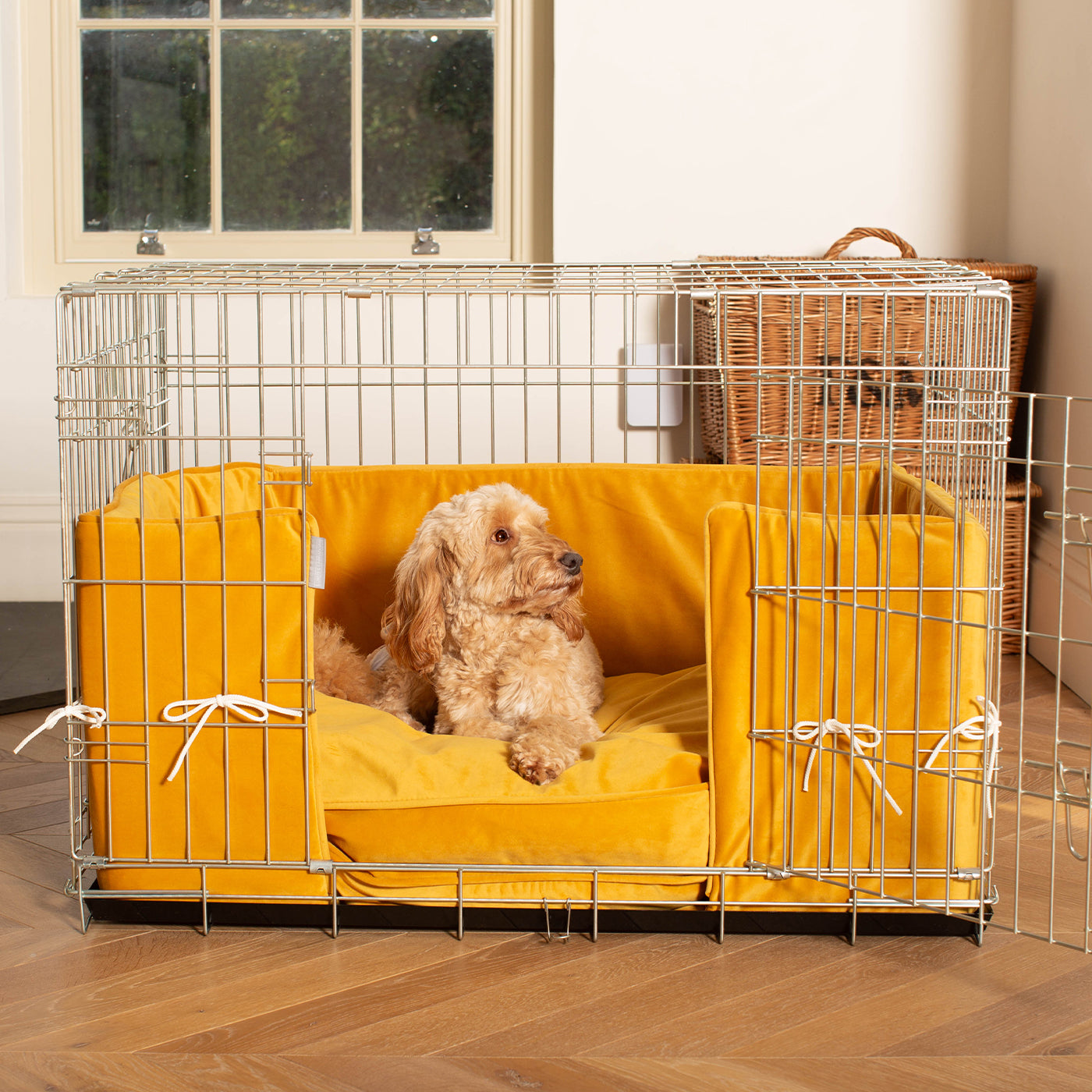 Dog Cage with Cushion & Bumper in Saffron Velvet by Lords & Labradors
