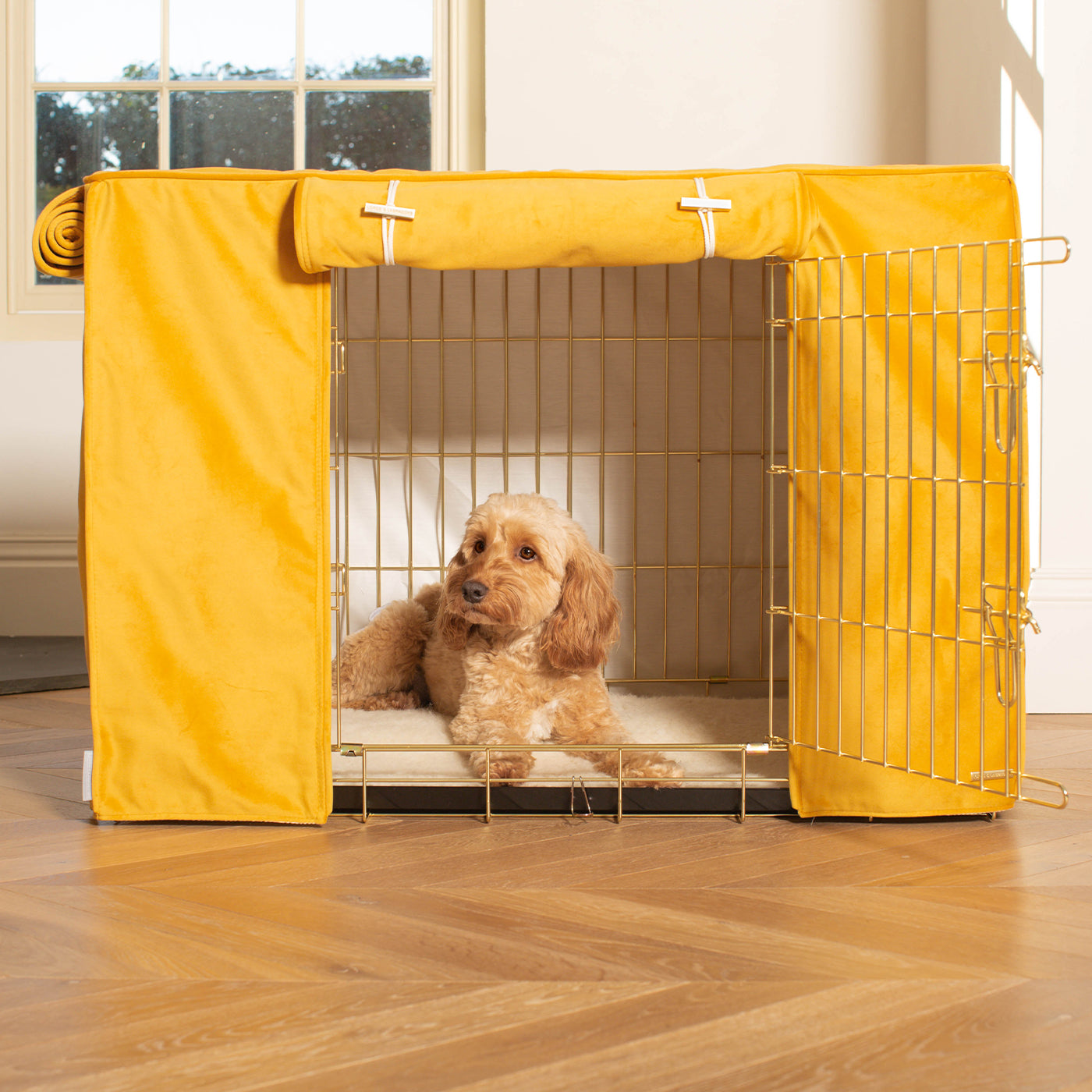 Dog Cage with Cage Cover in Saffron Velvet by Lords & Labradors