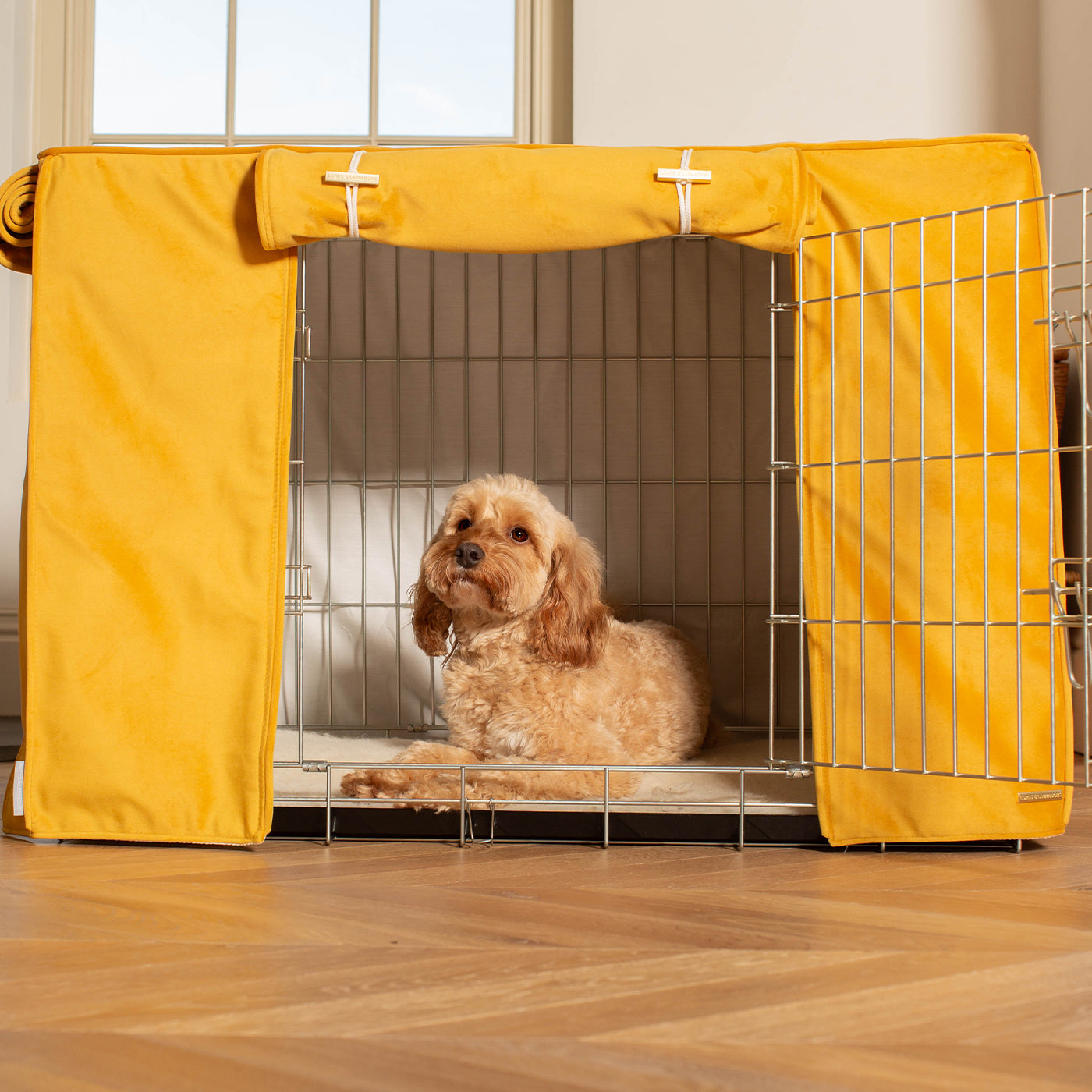Dog Cage with Cage Cover in Saffron Velvet by Lords & Labradors