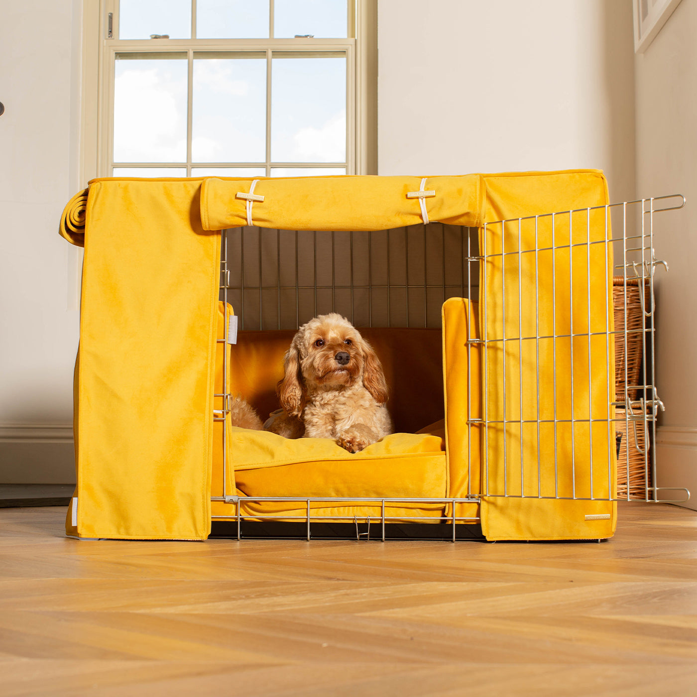 Dog Cage Set In Saffron Velvet by Lords & Labradors