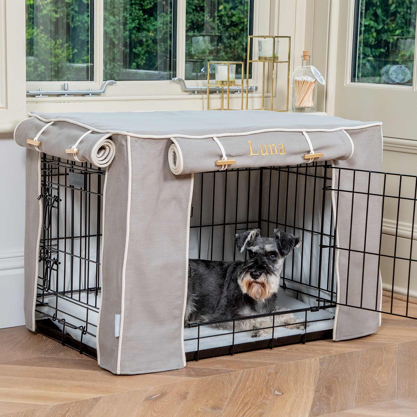 Luxury Dog Cage Cover, Savanna Stone Cage Cover The Perfect Dog Cage Accessory, Available To Personalize Now at Lords & Labradors US