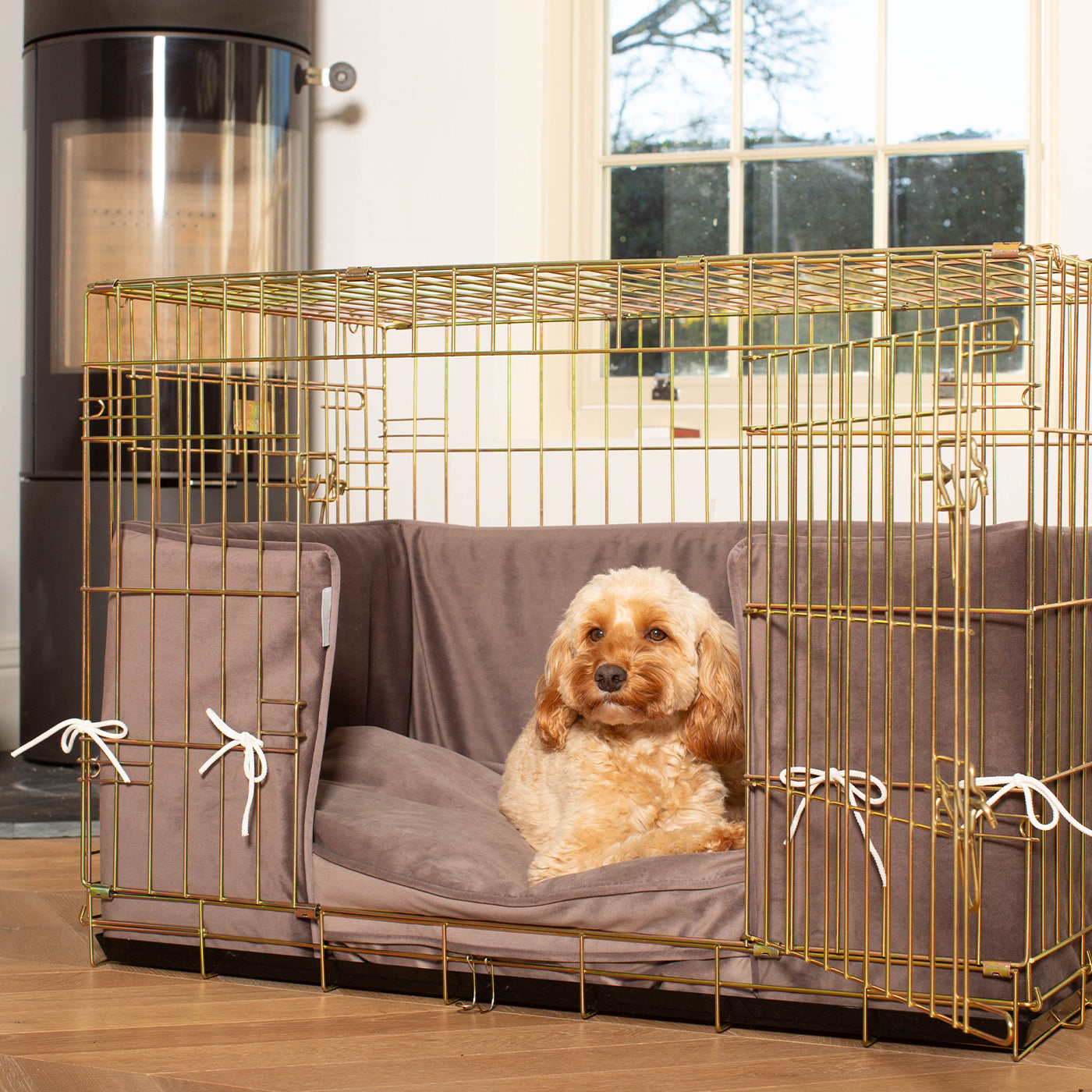 Dog Cage with Cushion & Bumper in Silt Velvet by Lords & Labradors