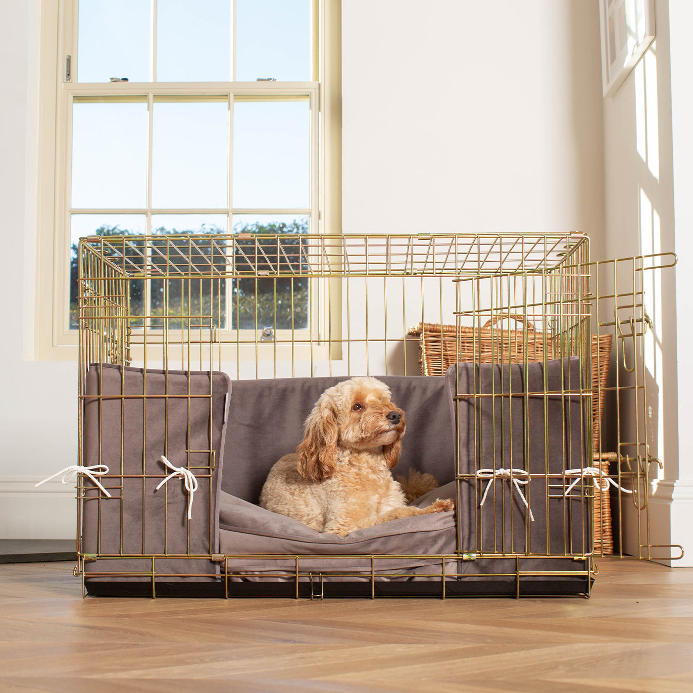 Dog Cage with Cushion & Bumper in Silt Velvet by Lords & Labradors