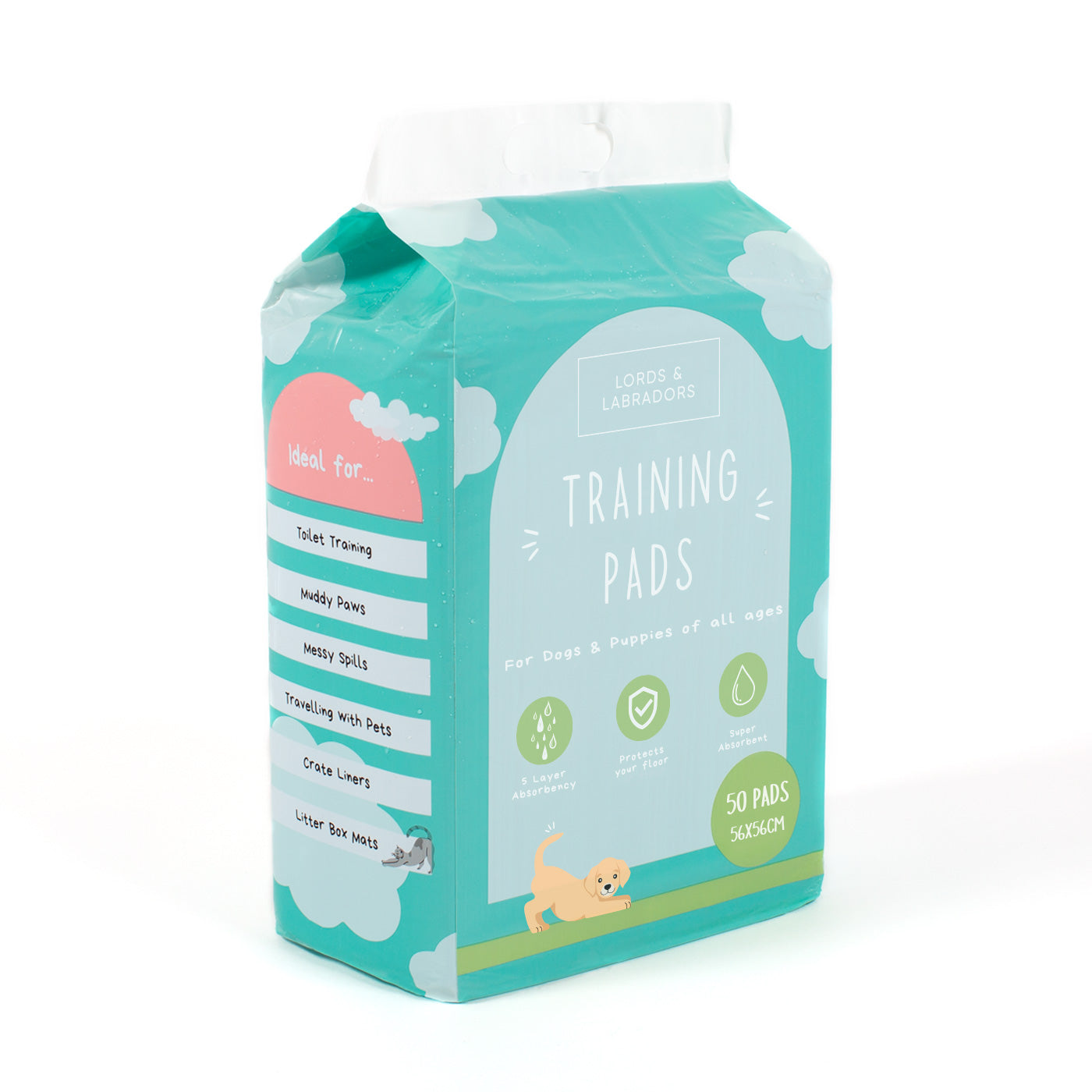 Discover Puppy Training Pads, 50 pads per pack. Featuring Super absorbent with 5 layers absorbency, and Makes house training easy and protects floors. Reducing smelly odours, Perfect for training puppies, travelling, ill or confined dogs. now available at Lords and Labradors US