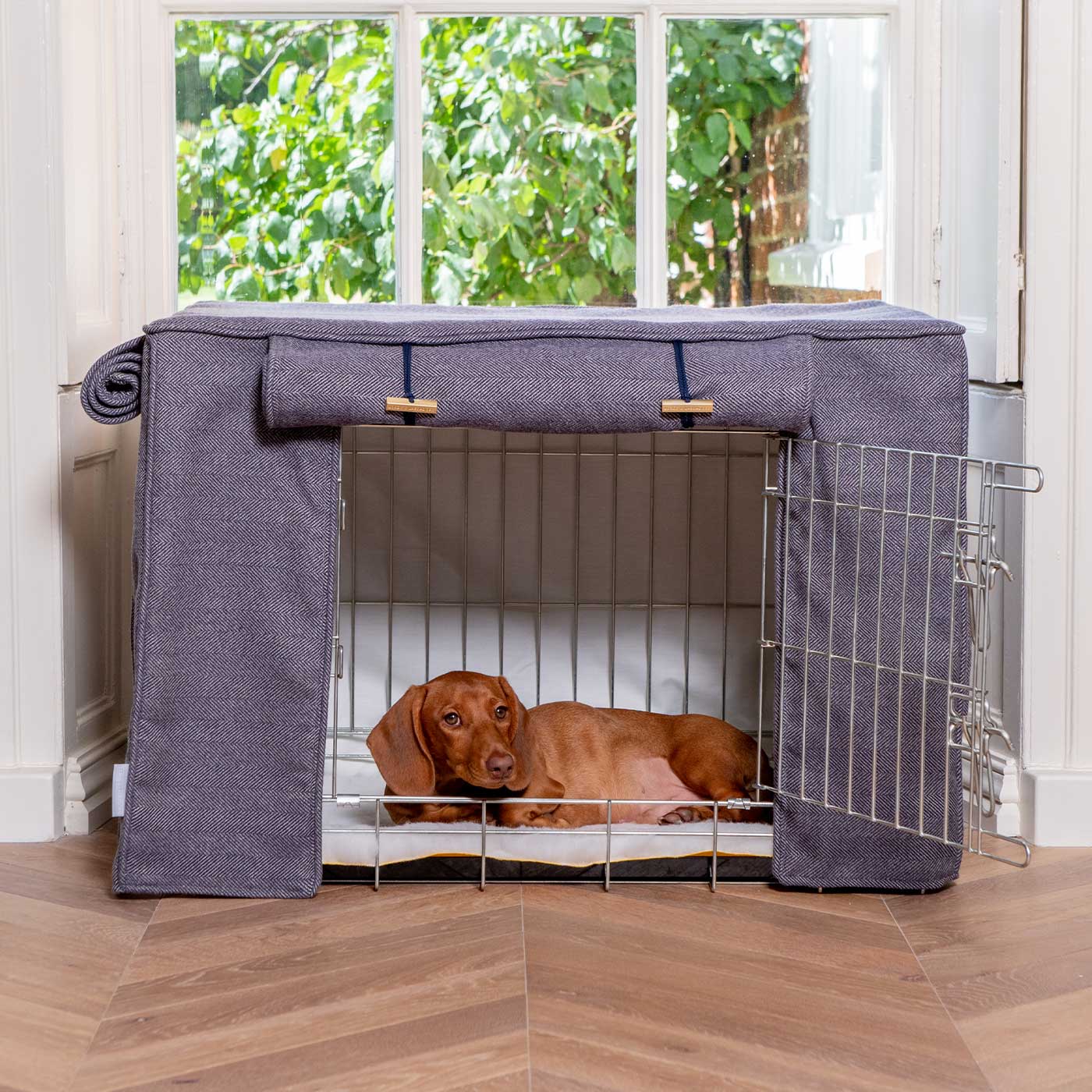 Dog Cage with Cage Cover in Oxford Herringbone by Lords & Labradors