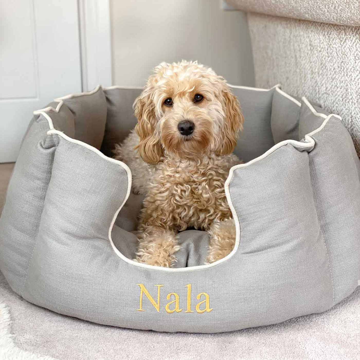 Discover Our Luxurious High Wall Bed For Dogs, Featuring inner pillow with plush teddy fleece on one side To Craft The Perfect Dogs Bed In Stunning Savanna Stone! Available To Personalize Now at Lords & Labradors US