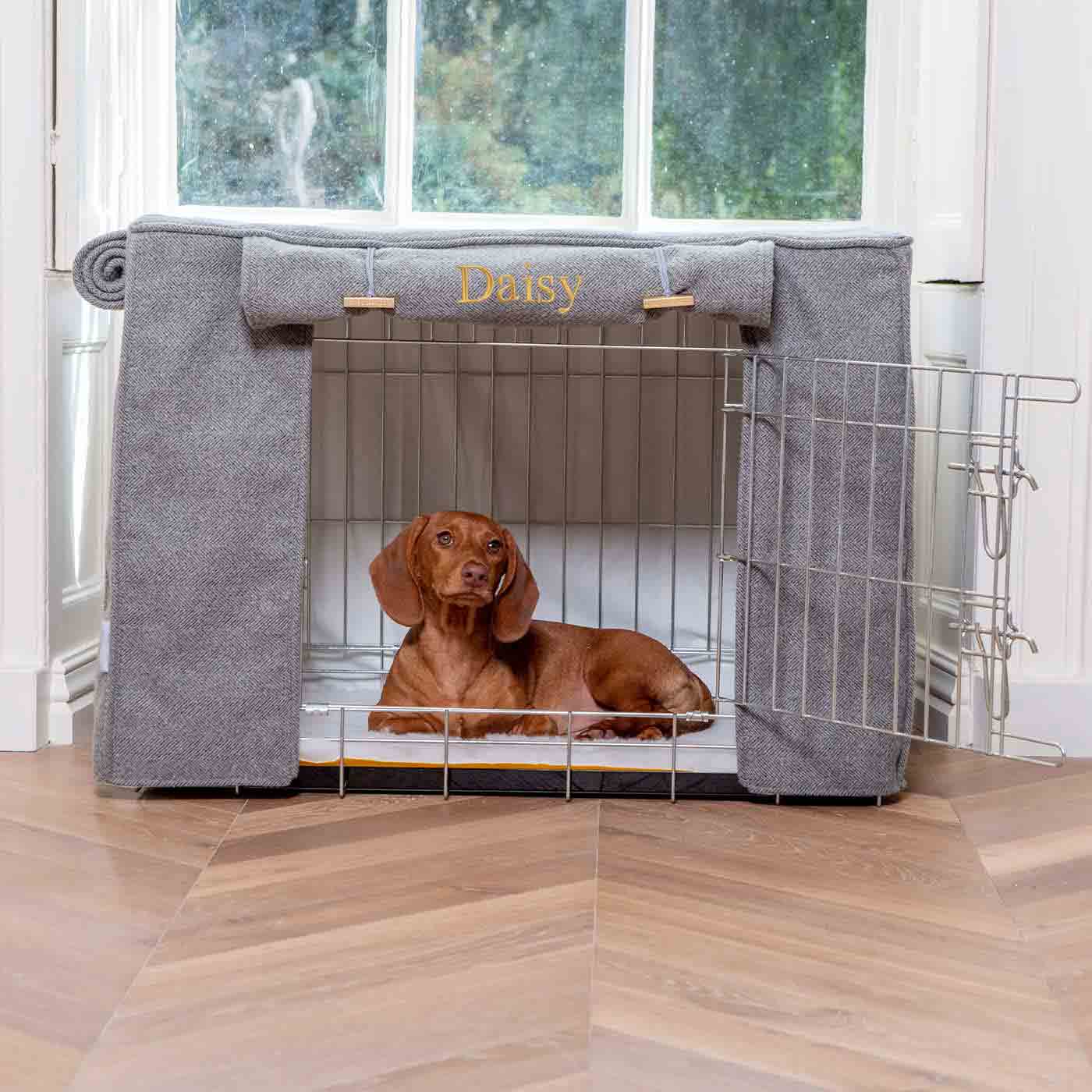 Luxury Dog Cage Cover, Pewter Herringbone Tweed Cage Cover The Perfect Dog Cage Accessory, Available To Personalize Now at Lords & Labradors US
