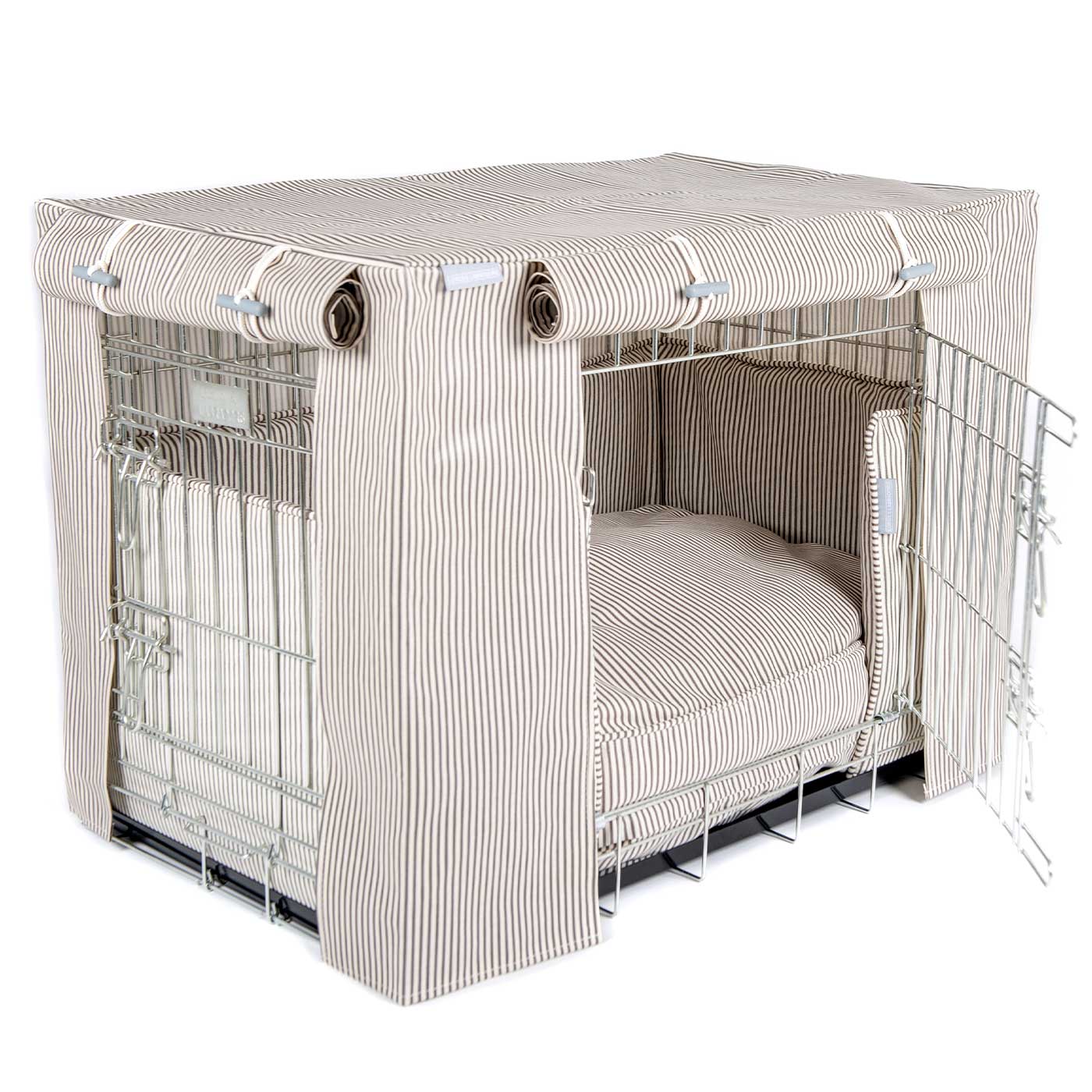 Luxury Silver Dog Cage Set With Cushion, Bumper and Cage Cover, In Regency Stripe Oil Cloth. The Perfect Dog Cage For The Ultimate Naptime, Available Now at Lords & Labradors US