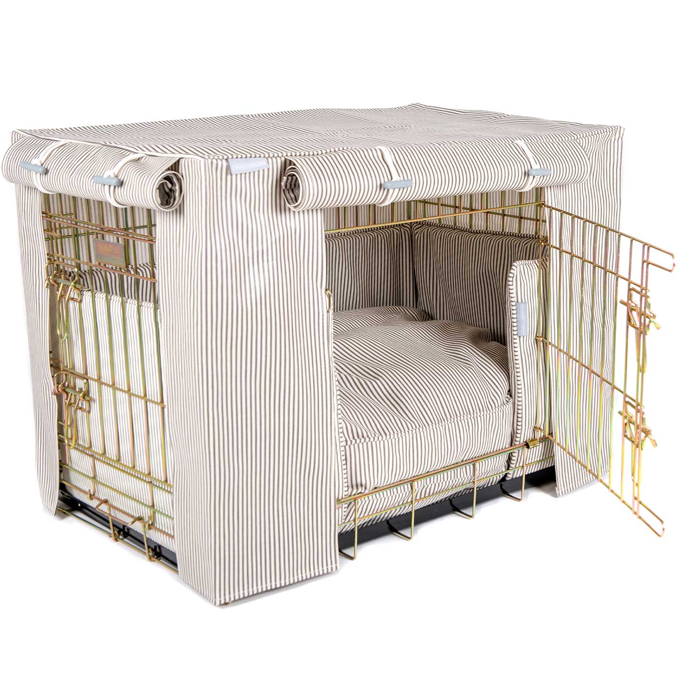 Luxury Gold Dog Cage Set With Cushion, Bumper and Cage Cover, In Regency Stripe Oil Cloth. The Perfect Dog Cage For The Ultimate Naptime, Available Now at Lords & Labradors US