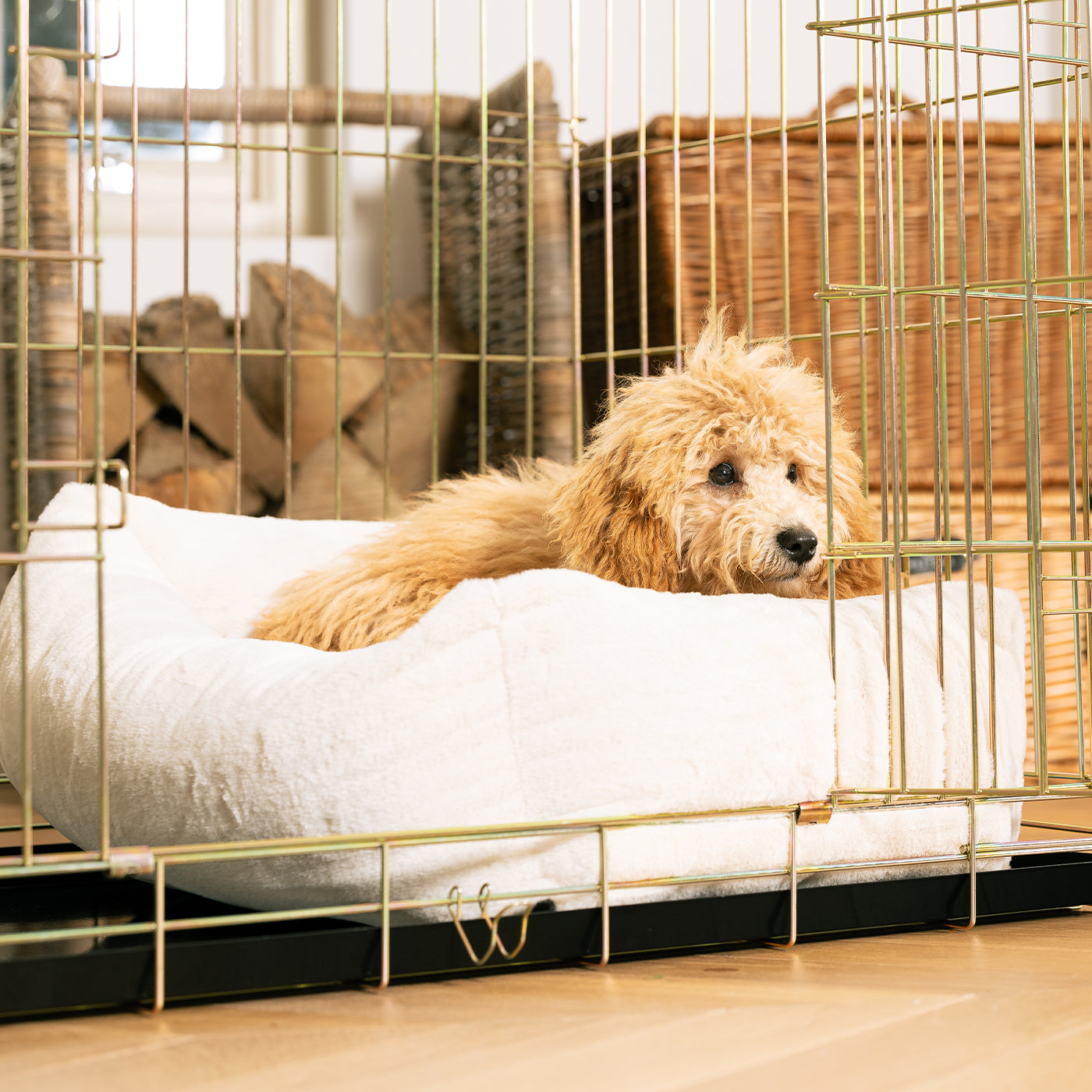 Cozy & Calming Puppy Cage Bed, The Perfect Dog Cage Accessory For The Ultimate Dog Den! In Stunning Anti-Anxiety Cream Faux Fur! Available To Personalize at Lords & Labradors US