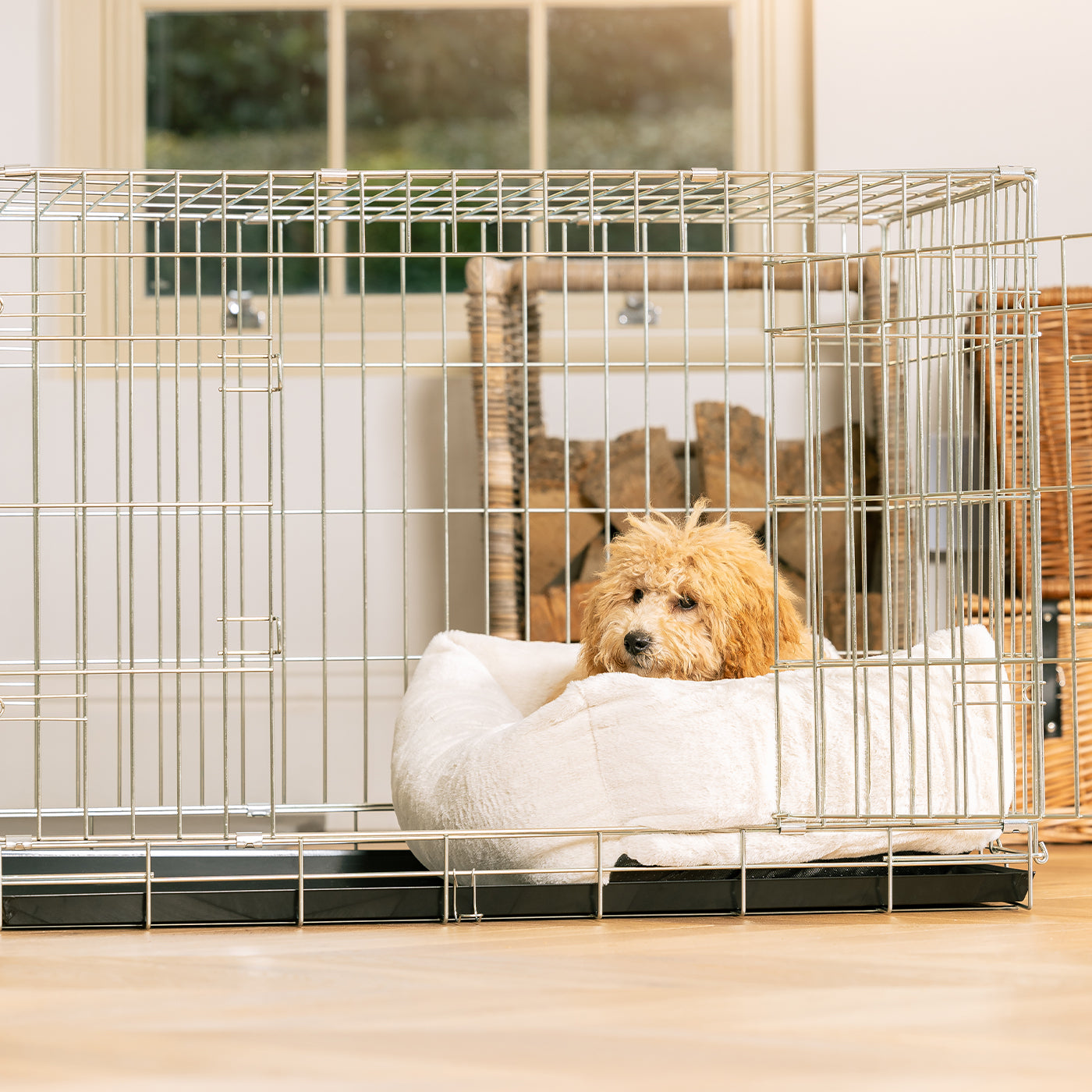 Cozy & Calming Puppy Cage Bed, The Perfect Dog Cage Accessory For The Ultimate Dog Den! In Stunning Anti-Anxiety Cream Faux Fur! Available To Personalize at Lords & Labradors US