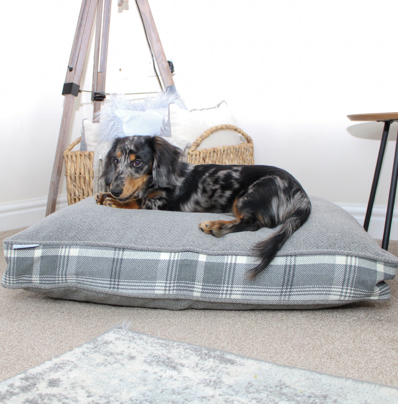 Luxury Dog Cage Cushion, Balmoral Dove Grey Tweed Cage Cushion. The Perfect Dog Cage Accessory, Available To Personalize Now at Lords & Labradors US