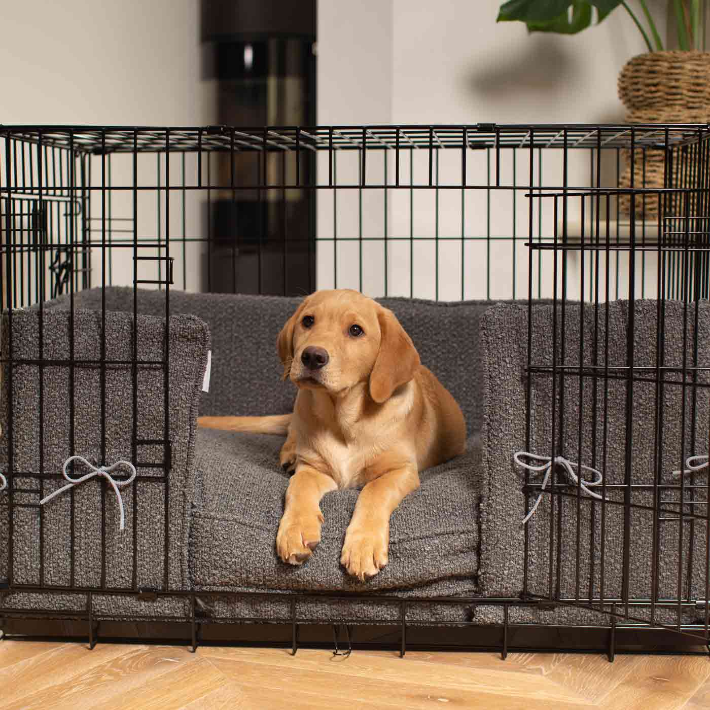 Luxury Dog Cage Bumper, Granite Bouclé Cage Bumper Cover The Perfect Dog Cage Accessory, Available To Personalize Now at Lords & Labradors US