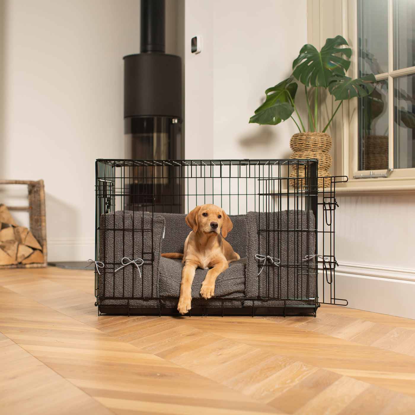 Luxury Dog Cage Bumper, Granite Bouclé Cage Bumper Cover The Perfect Dog Cage Accessory, Available To Personalize Now at Lords & Labradors US
