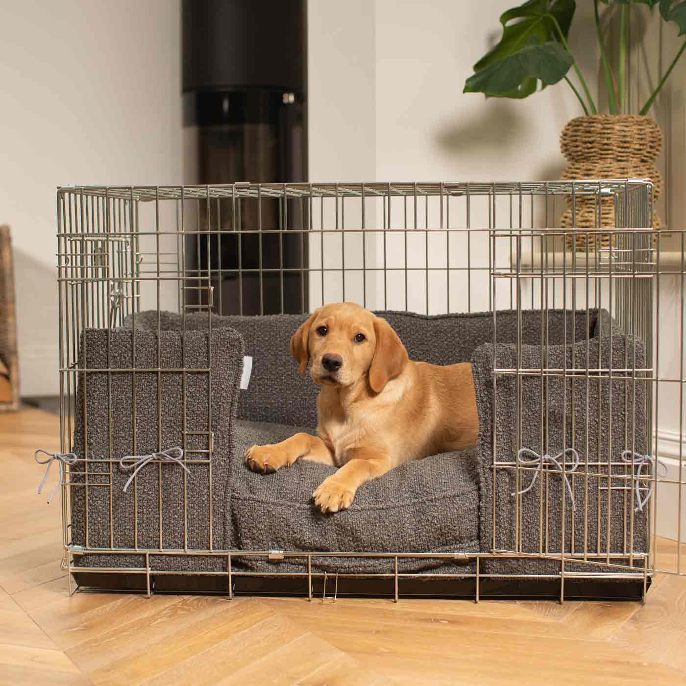 Luxury Dog Cage Bumper, Granite Bouclé Cage Bumper Cover The Perfect Dog Cage Accessory, Available To Personalize Now at Lords & Labradors US