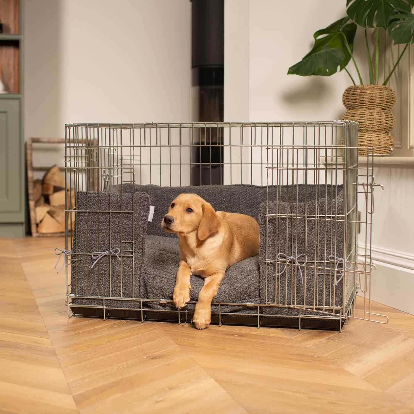 Luxury Dog Cage Bumper, Granite Bouclé Cage Bumper Cover The Perfect Dog Cage Accessory, Available To Personalize Now at Lords & Labradors US