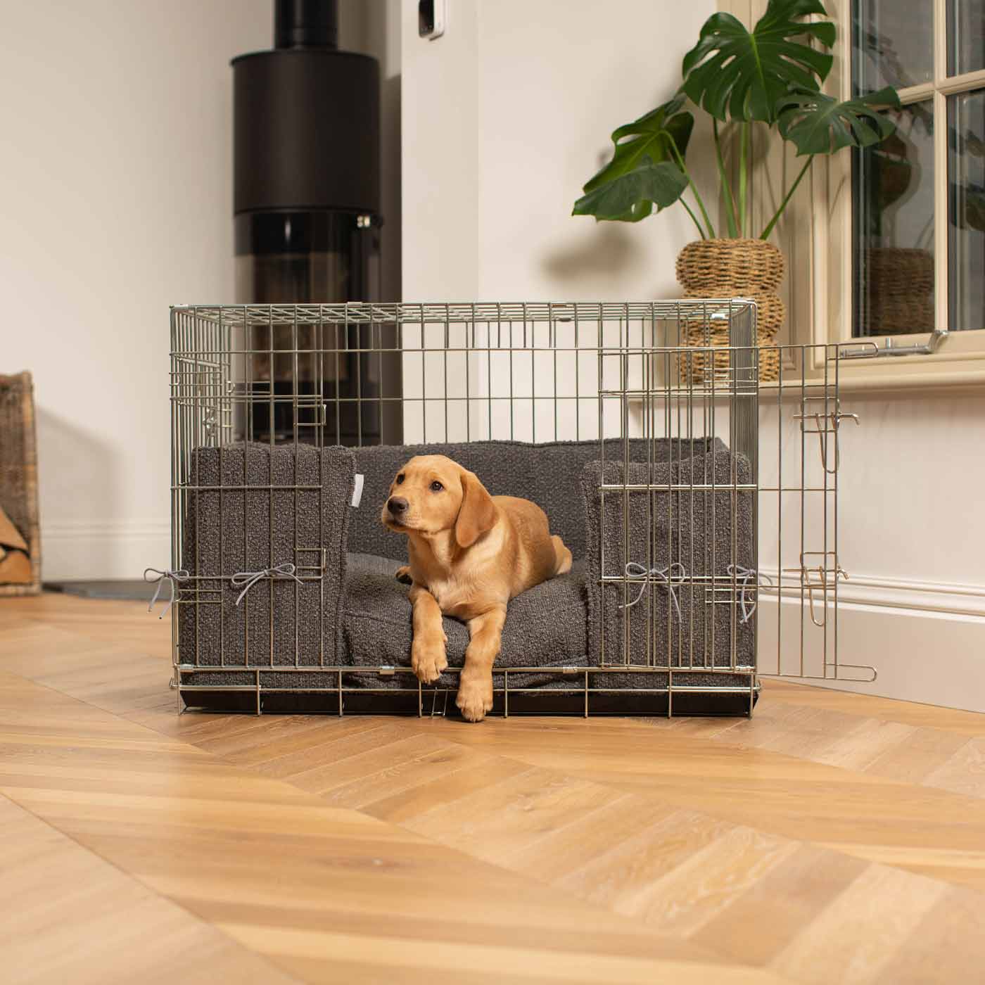 Luxury Dog Cage Bumper, Granite Bouclé Cage Bumper Cover The Perfect Dog Cage Accessory, Available To Personalize Now at Lords & Labradors US