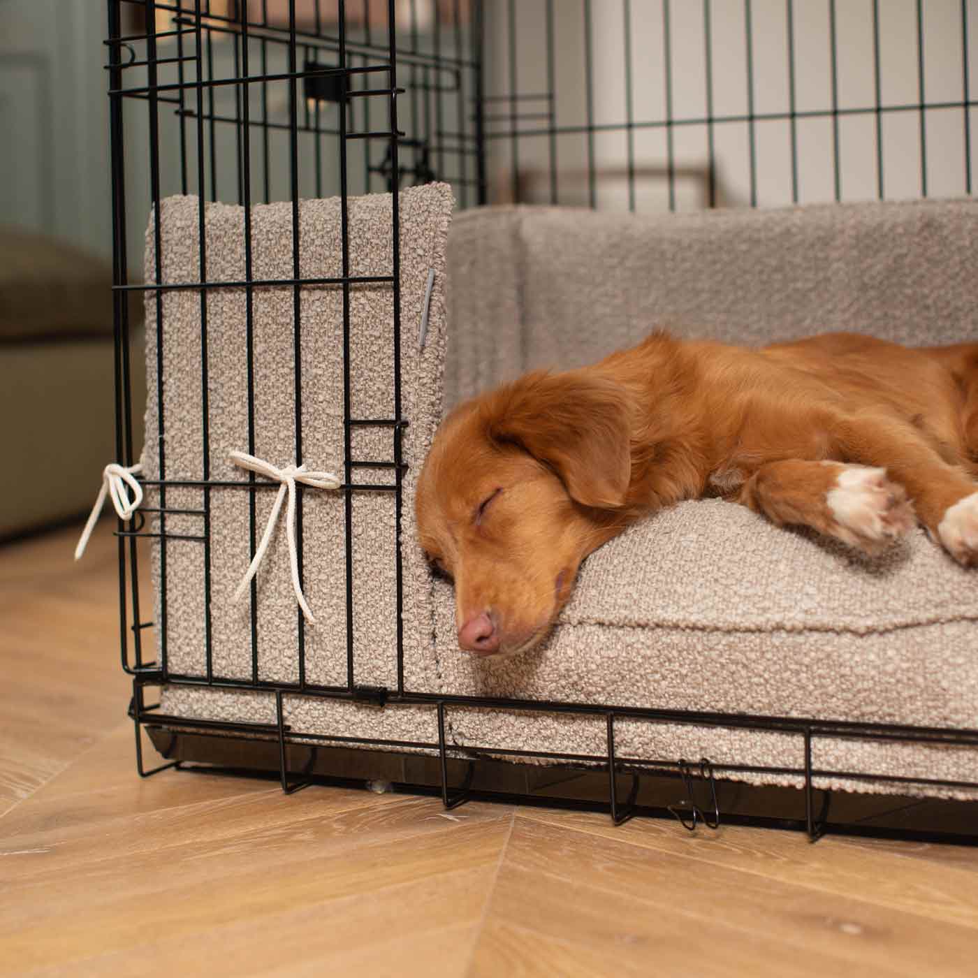 Luxury Dog Cage Bumper, Mink Bouclé Cage Bumper Cover The Perfect Dog Cage Accessory, Available To Personalize Now at Lords & Labradors