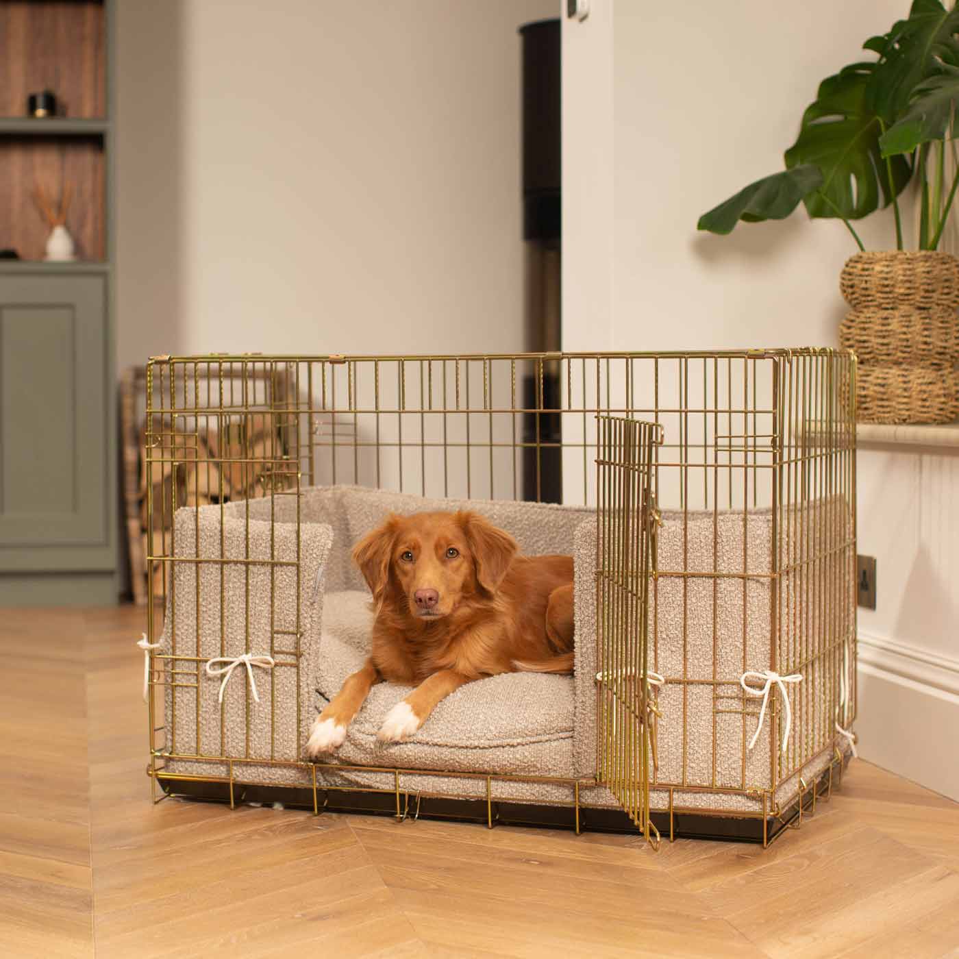 Luxury Dog Cage Bumper, Mink Bouclé Cage Bumper Cover The Perfect Dog Cage Accessory, Available To Personalize Now at Lords & Labradors