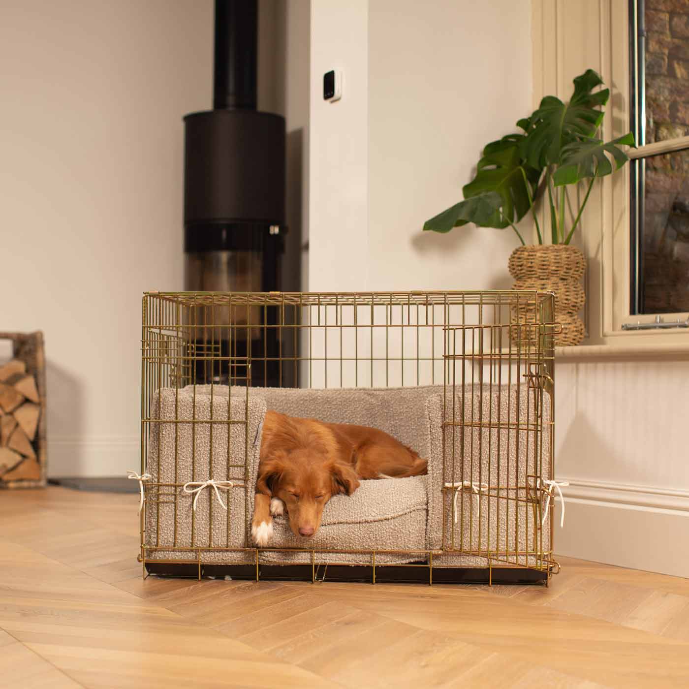 Luxury Dog Cage Bumper, Mink Bouclé Cage Bumper Cover The Perfect Dog Cage Accessory, Available To Personalize Now at Lords & Labradors