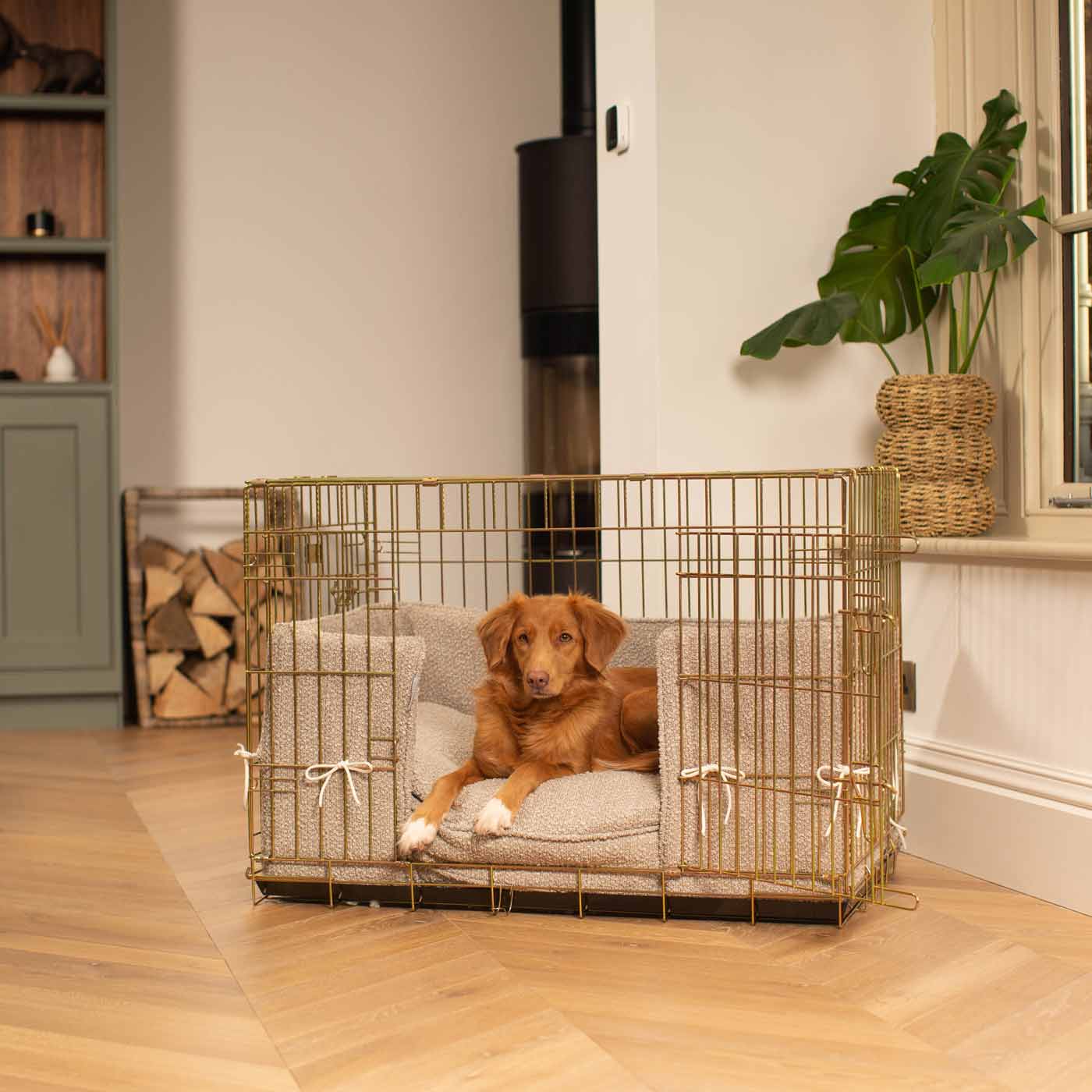 Luxury Dog Cage Bumper, Mink Bouclé Cage Bumper Cover The Perfect Dog Cage Accessory, Available To Personalize Now at Lords & Labradors