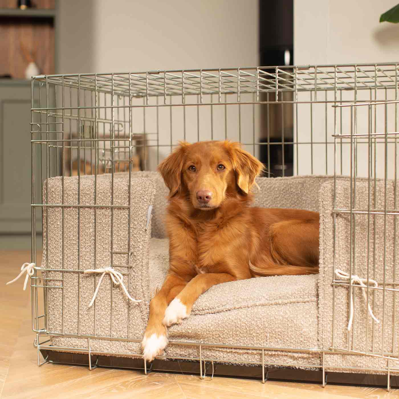 Luxury Dog Cage Bumper, Mink Bouclé Cage Bumper Cover The Perfect Dog Cage Accessory, Available To Personalize Now at Lords & Labradors